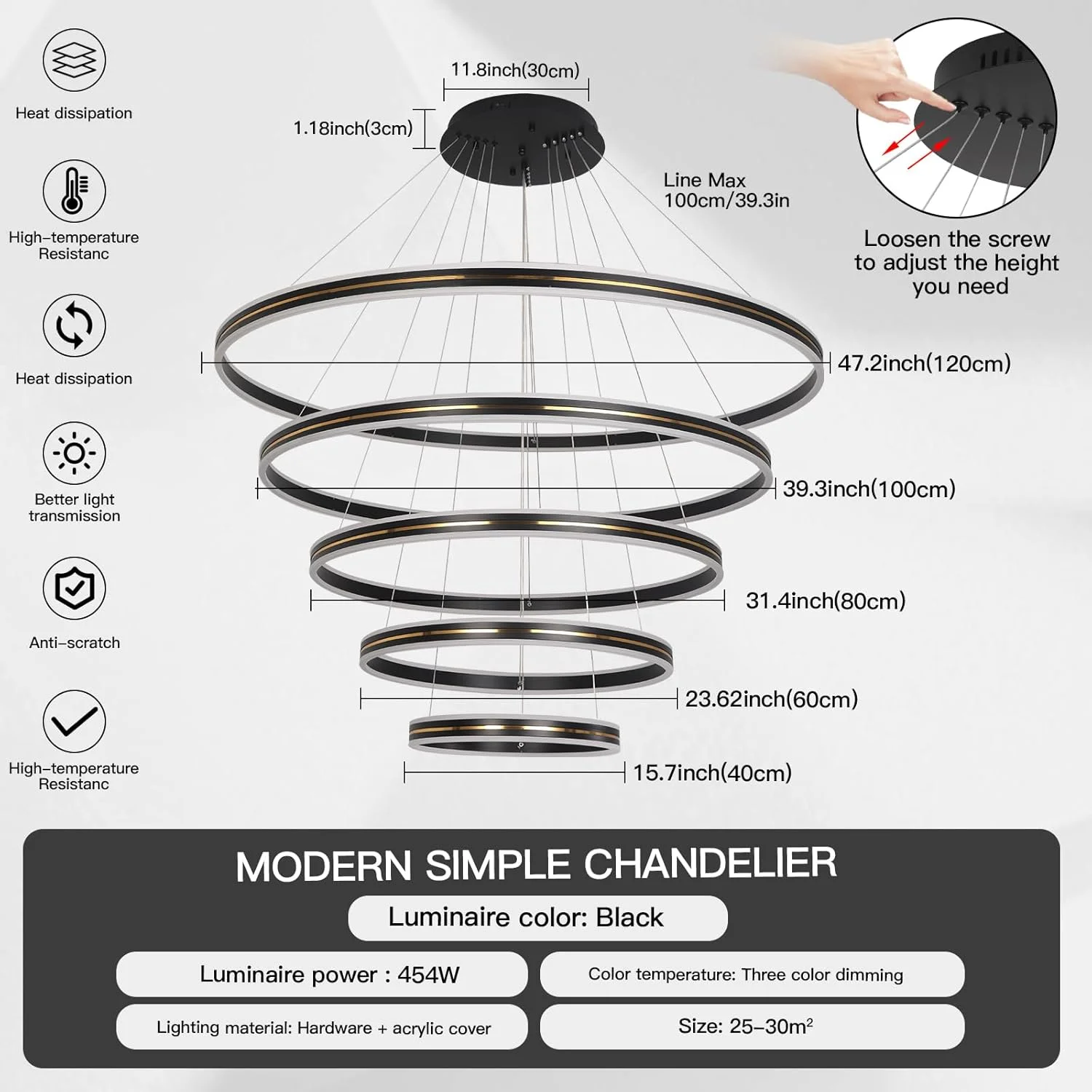 لوستر مدرن LED یاتای، لوستر مشکی 5 حلقه برای اتاق ناهارخوری، چراغ آویز سقفی LED مدرن با ارتفاع قابل تنظیم 454 وات، 3000K-6000K لوستر مدرن LED یاتای، لوستر مشکی 5 حلقه برای اتاق ناهارخوری، چراغ آویز سقفی LED مدرن با ارتفاع قابل تنظیم 454 وات، 3000K-6000K