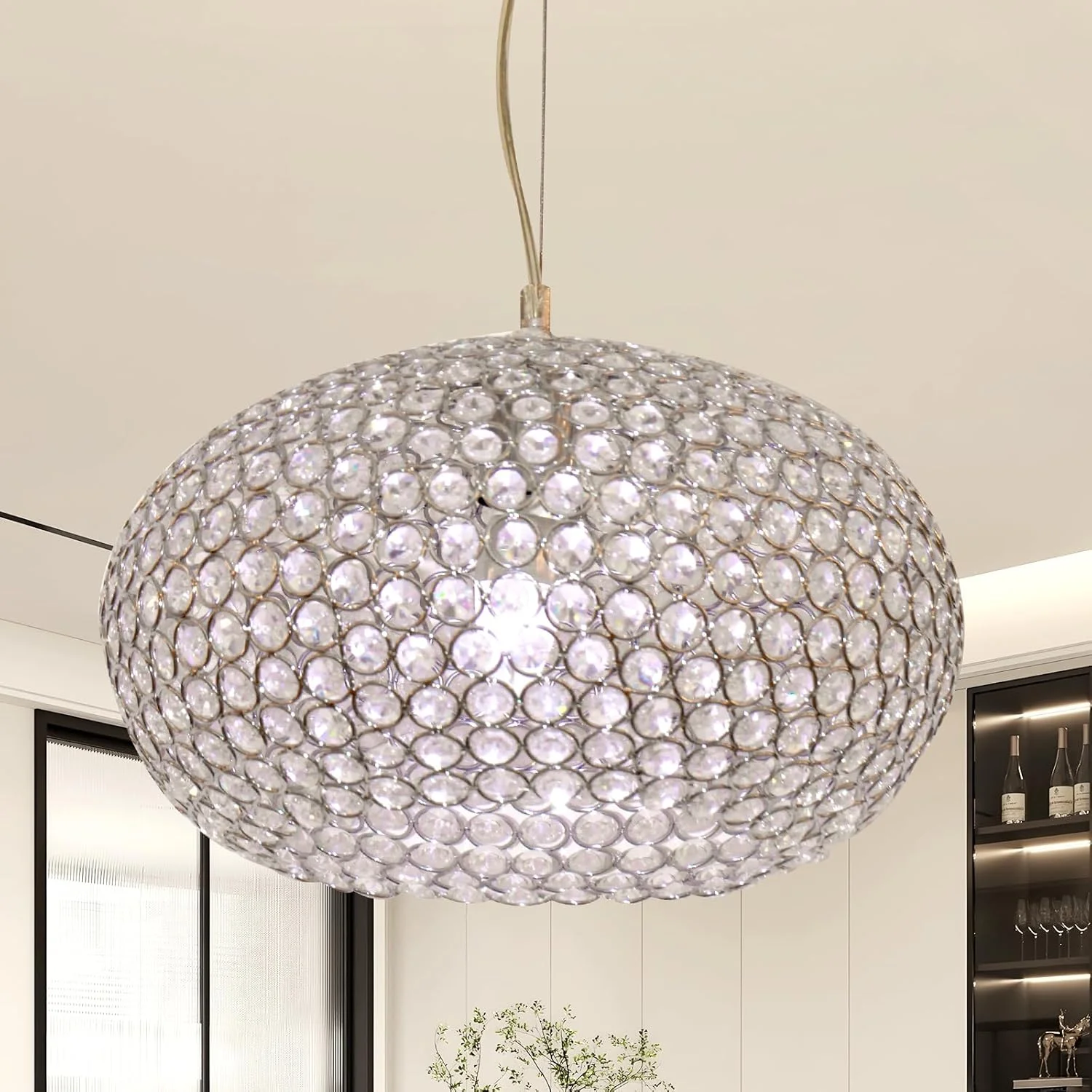 لوستر کریستالی بیضی شکل آویز YT YATAI LIGHTING، لوستر آویز با نورپردازی 3 حالته، چراغ آویز داخلی با ارتفاع قابل تنظیم، مناسب برای سقف های بلند میز ناهارخوری