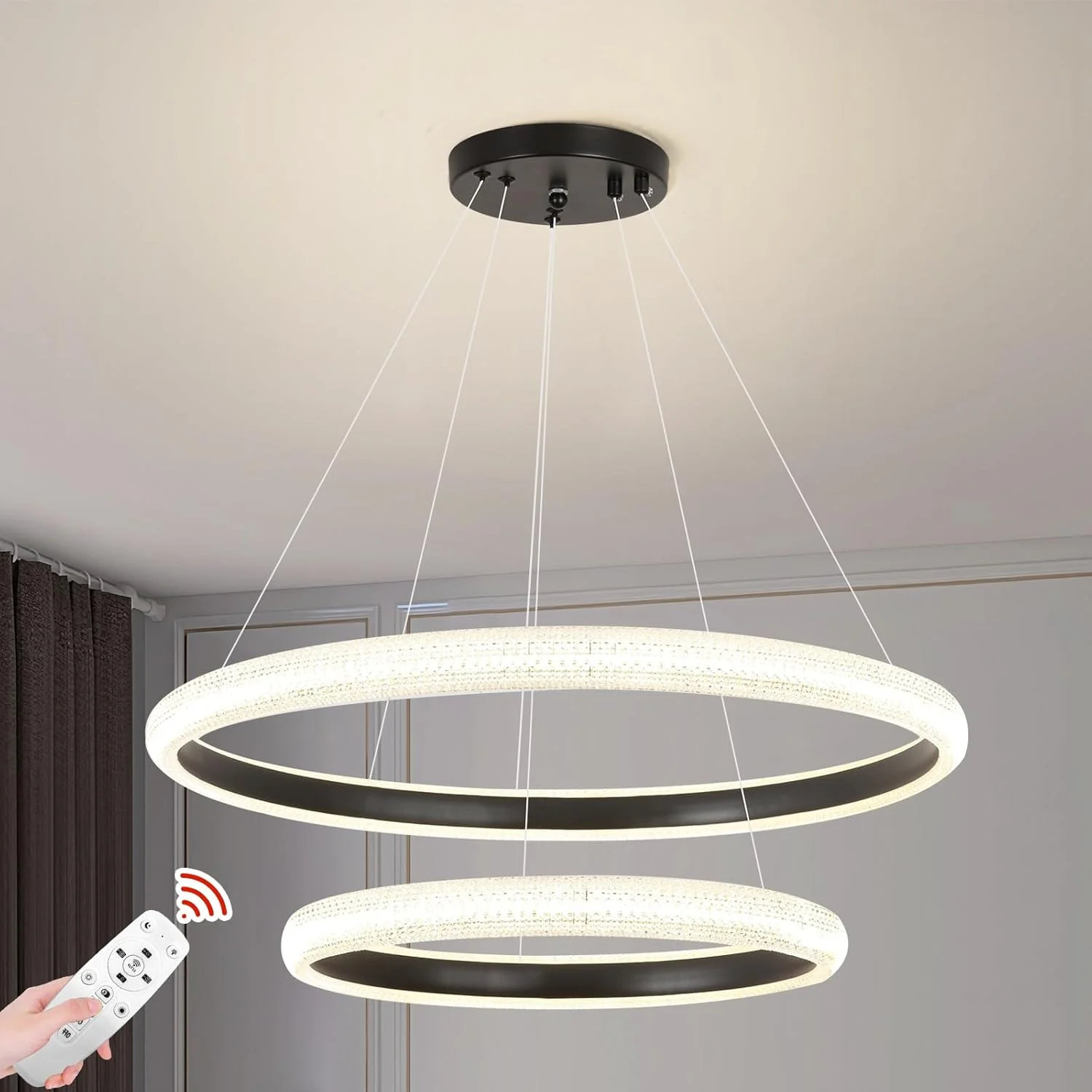 لوستر مدرن LED اتاق خواب YT YATAI LIGHTING - مشکی 2 حلقه با کنترل از راه دور - ایده آل برای اتاق نشیمن و اتاق غذاخوری - کم نور شونده، ارتفاع قابل تنظیم - 63 وات، 3000-6000K - روشنایی برای 10-12 متر مربع