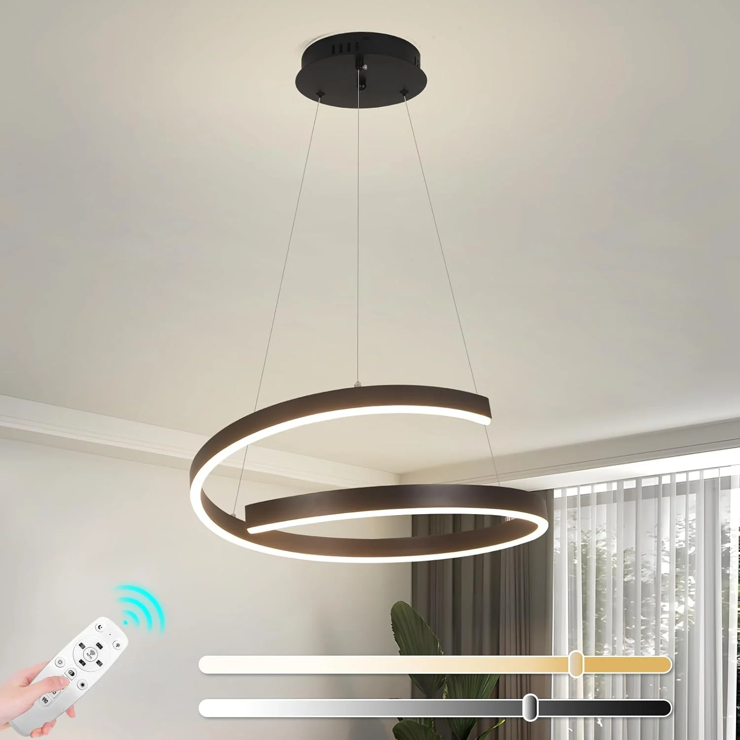 لوستر مدرن LED یاتای، چراغ آویز حلقه‌ای ساده با کنترل از راه دور برای اتاق خواب، اتاق غذاخوری و اتاق نشیمن، نور قابل تنظیم، دمای رنگ 3 حالته قابل تنظیم، 23 وات
