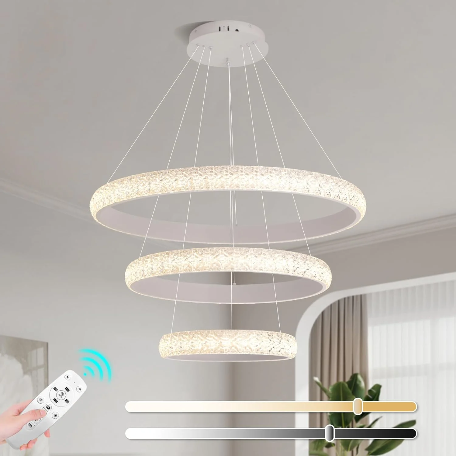 لوستر مدرن سفید سه حلقه ای LED یاتای، 102 وات، ارتفاع و نور قابل تنظیم، کنترل از راه دور، 78cm+58cm+38cm، چراغ لوستر رزین کریستالی برای اتاق غذاخوری، اتاق نشیمن و اتاق خواب