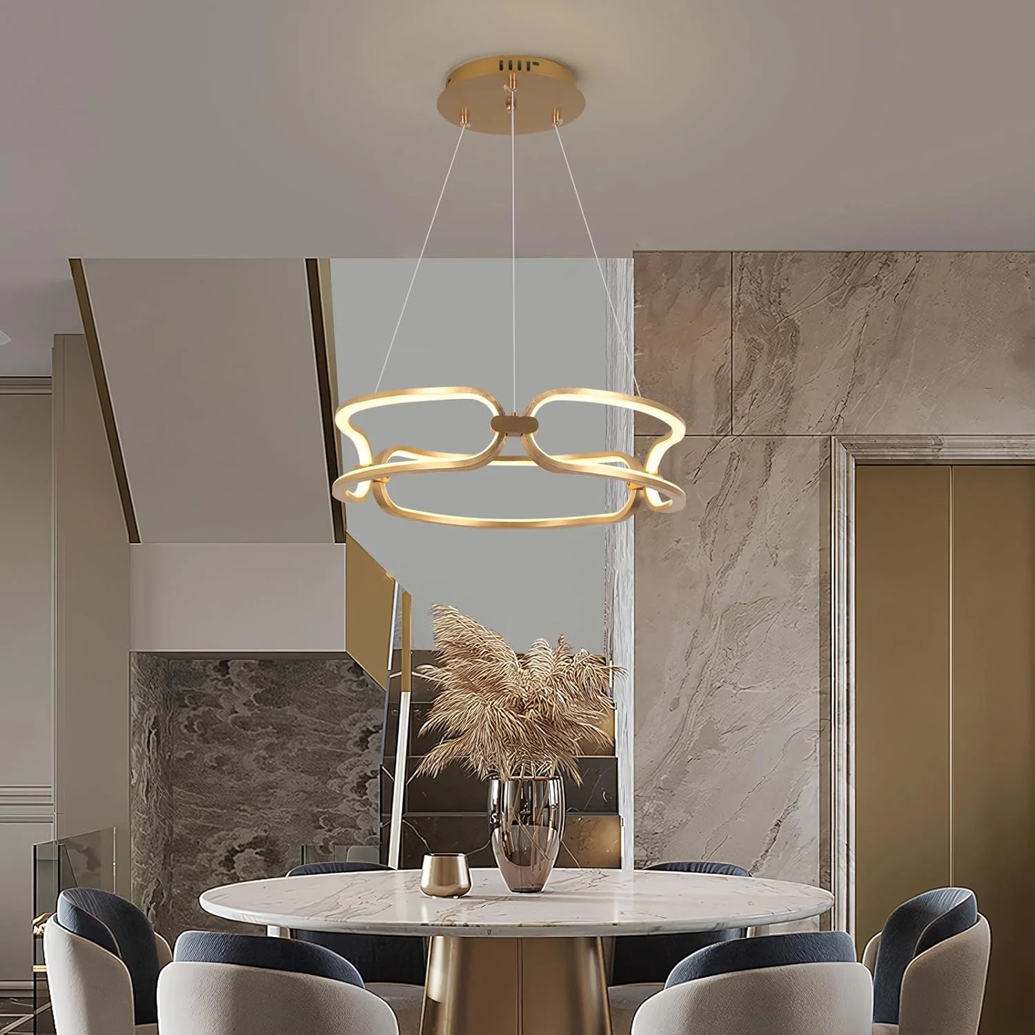 لوستر LED طلایی YATAI، چراغ آویز مدرن 45 سانتی‌متری، 54 وات، ارتفاع قابل تنظیم، کم‌نور شونده سه رنگ (3000K–6000K)، برای میز ناهارخوری، طراحی نصب سقفی