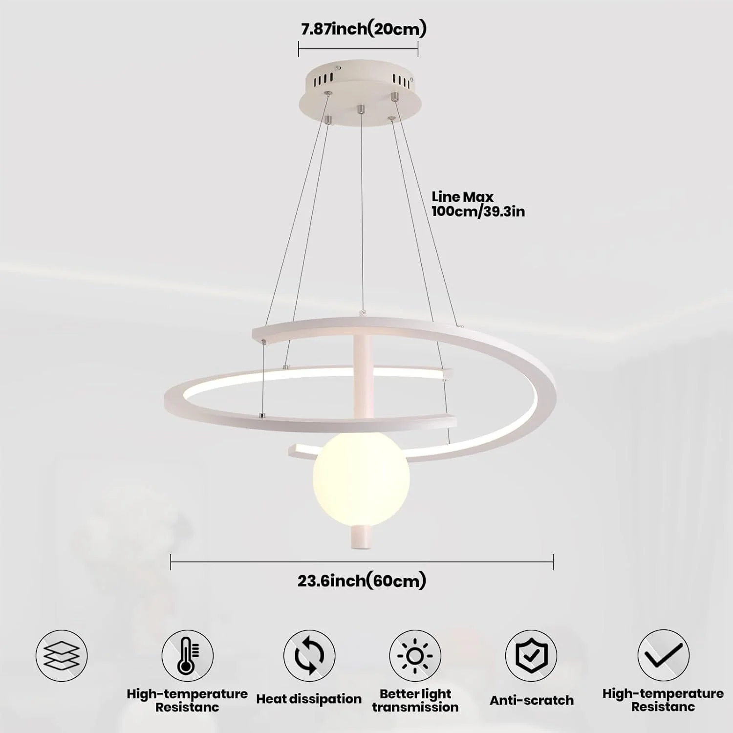 لوستر LED مدرن YATAI، سه دمای رنگ قابل تنظیم با کنترل از راه دور، چراغ آویز حلقه ای منحصر به فرد 60 سانتی متری با ارتفاع قابل تنظیم برای اتاق خواب، اتاق نشیمن و رستوران 34 وات