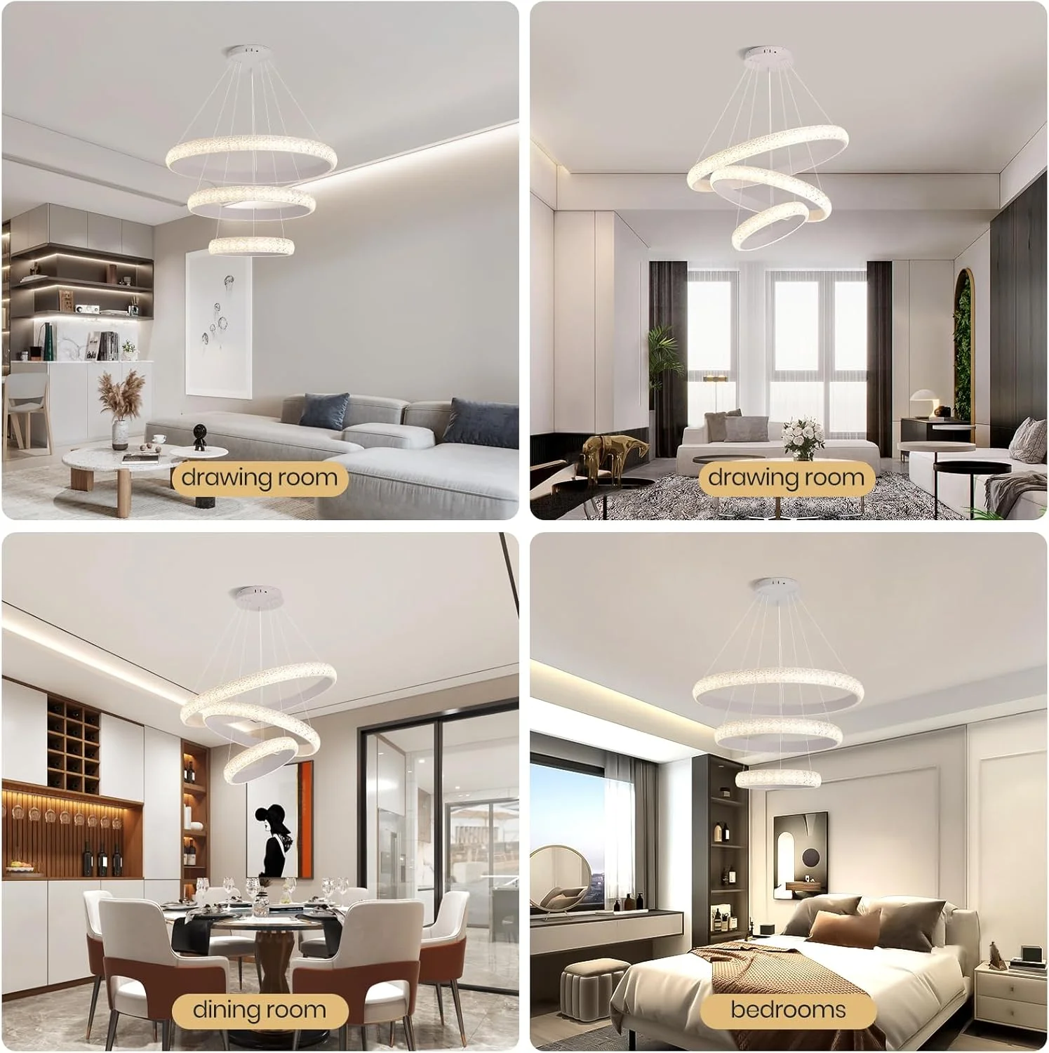 لوستر مدرن سفید سه حلقه ای LED یاتای، 102 وات، ارتفاع و نور قابل تنظیم، کنترل از راه دور، 78cm+58cm+38cm، چراغ لوستر رزین کریستالی برای اتاق غذاخوری، اتاق نشیمن و اتاق خواب