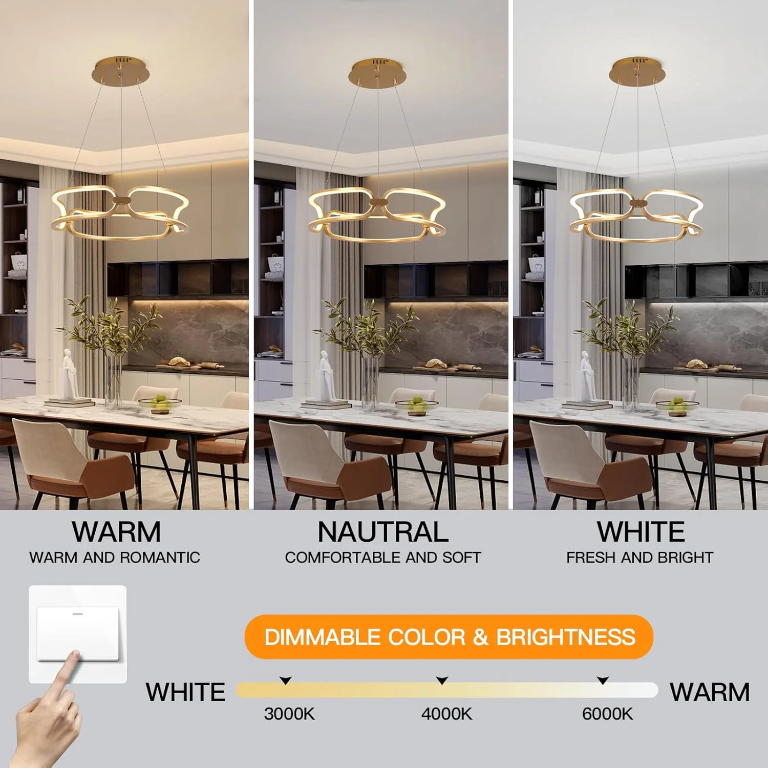 لوستر LED طلایی YATAI، چراغ آویز مدرن 45 سانتی‌متری، 54 وات، ارتفاع قابل تنظیم، کم‌نور شونده سه رنگ (3000K–6000K)، برای میز ناهارخوری، طراحی نصب سقفی