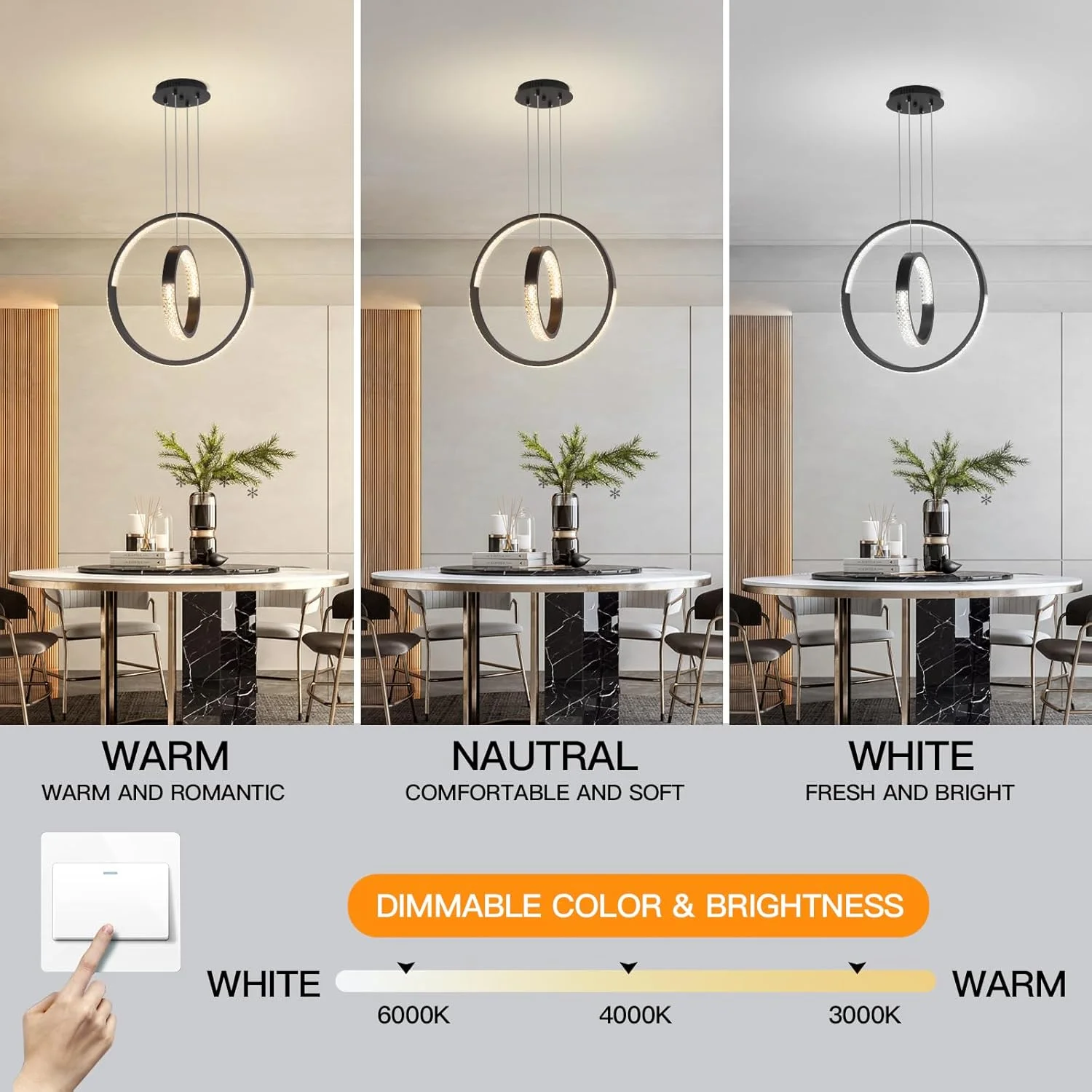 لوستر ال ای دی مدرن YT YATAI LIGHTING مناسب اتاق ناهارخوری، لوستر ال ای دی حلقه ای دایره ای مشکی رنگ برای میز ناهارخوری، میز آشپزخانه، لامپ لوستر آکریلیک با دمای رنگ قابل تنظیم