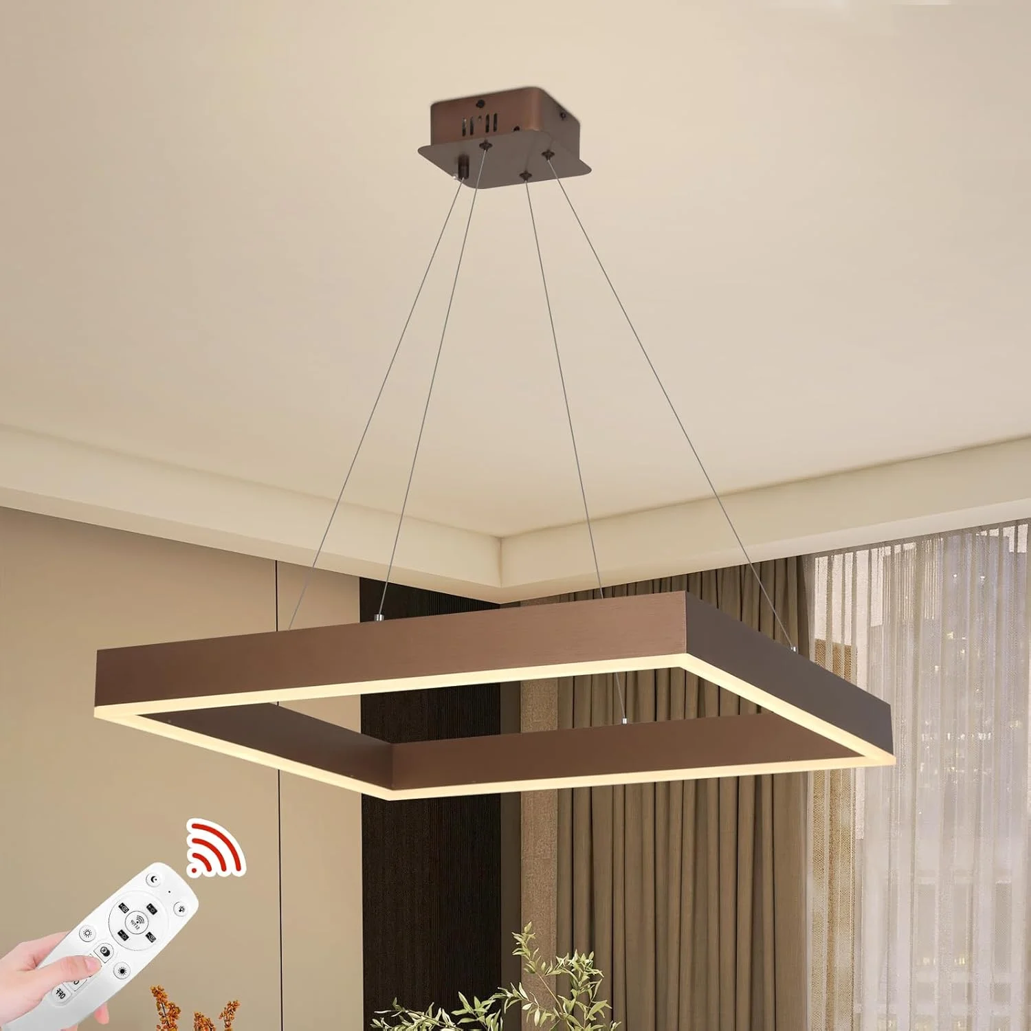لوستر ال ای دی مدرن YT YATAI LIGHTING، لوستر مربعی شکل رینگ دار با کنترل از راه دور و قابلیت تنظیم نور، مناسب برای اتاق نشیمن، اتاق غذاخوری، اتاق خواب، لوستر سقفی، لوستر ال ای دی آویز سقفی بلند برای اتاق نشیمن
