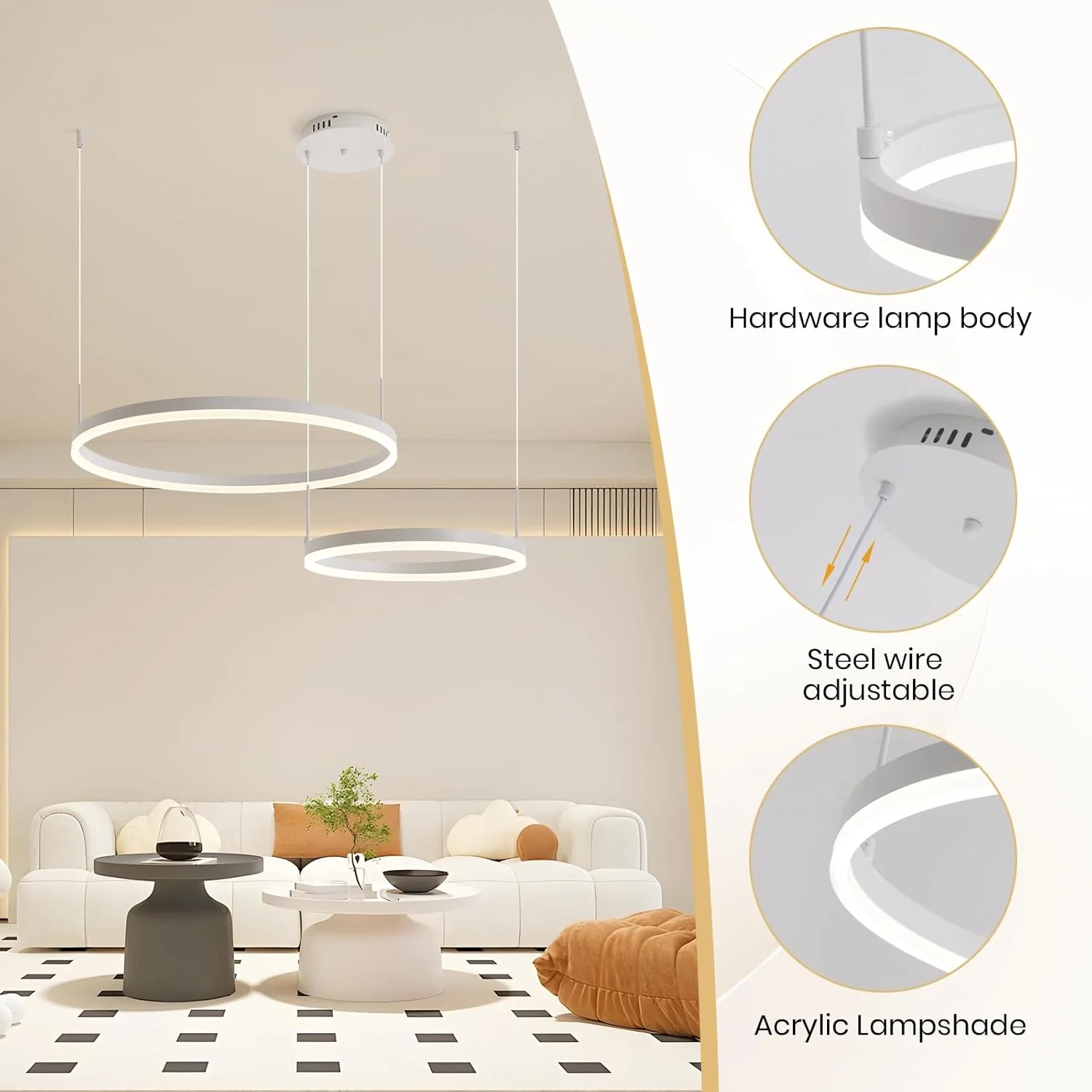 لوستر ال ای دی دایره ای دوبل سفید YATAI، 57 وات، چراغ آویز مدرن، ارتفاع قابل تنظیم و کم نور سه رنگ، ایده آل برای اتاق ناهار خوری، اتاق نشیمن، اتاق خواب، سالن کوچک