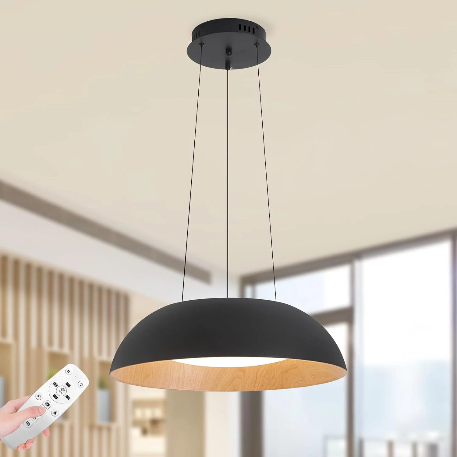 لوستر آویز LED گرد YATAI، نور 36 وات دیمر پذیر با کنترل از راه دور، ارتفاع و رنگ قابل تنظیم (3000K–6000K)، چراغ سقفی مدرن گنبدی مشکی و چوبی برای اتاق ناهارخوری و نشیمن، 50 سانتی متر