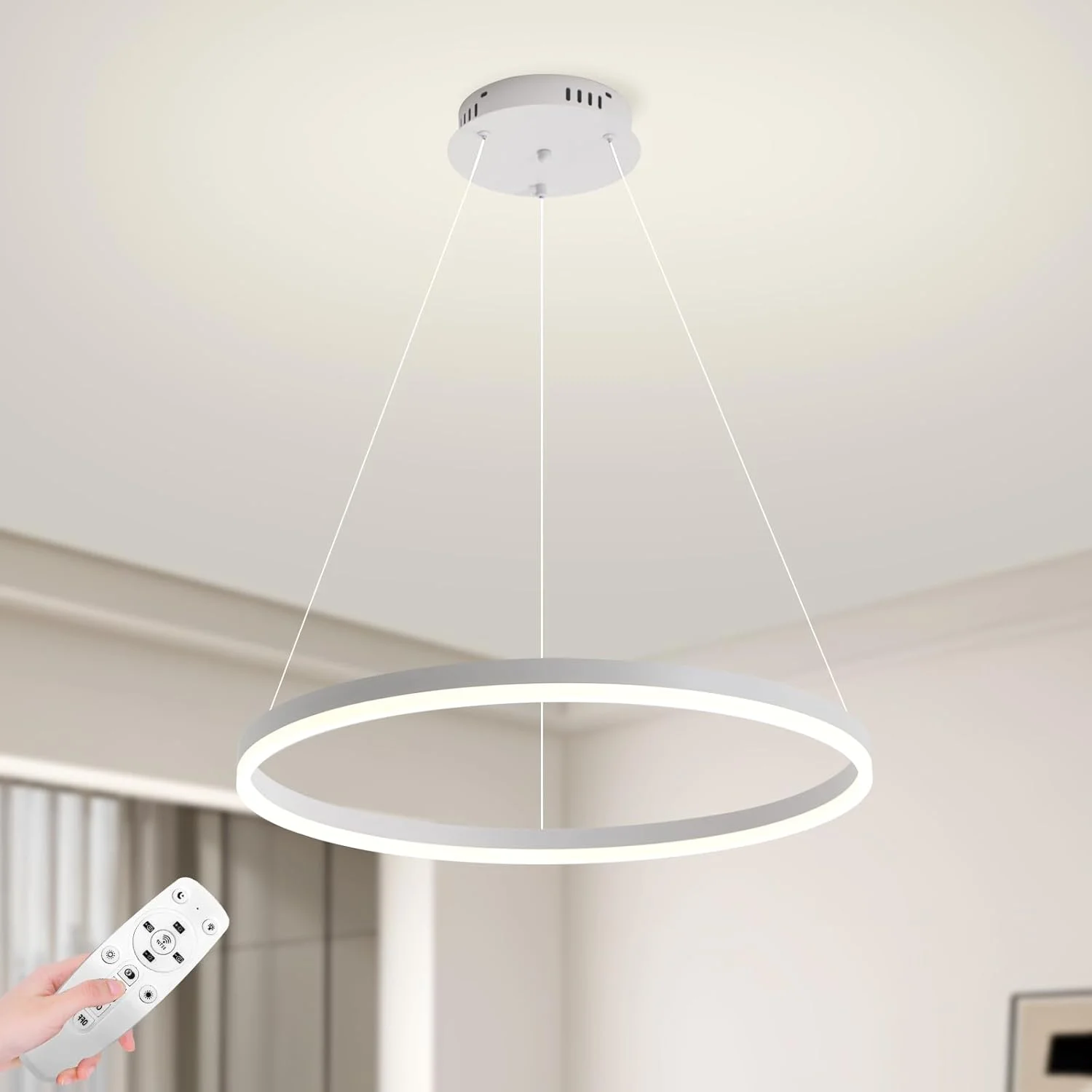 لوستر LED تک حلقه ای سفید YATAI، نور کم نور قابل تنظیم 34 وات، 3000K-6000K، چراغ سقفی مدرن با کنترل از راه دور برای اتاق غذاخوری، اتاق نشیمن، اتاق خواب، 60 سانتی متر