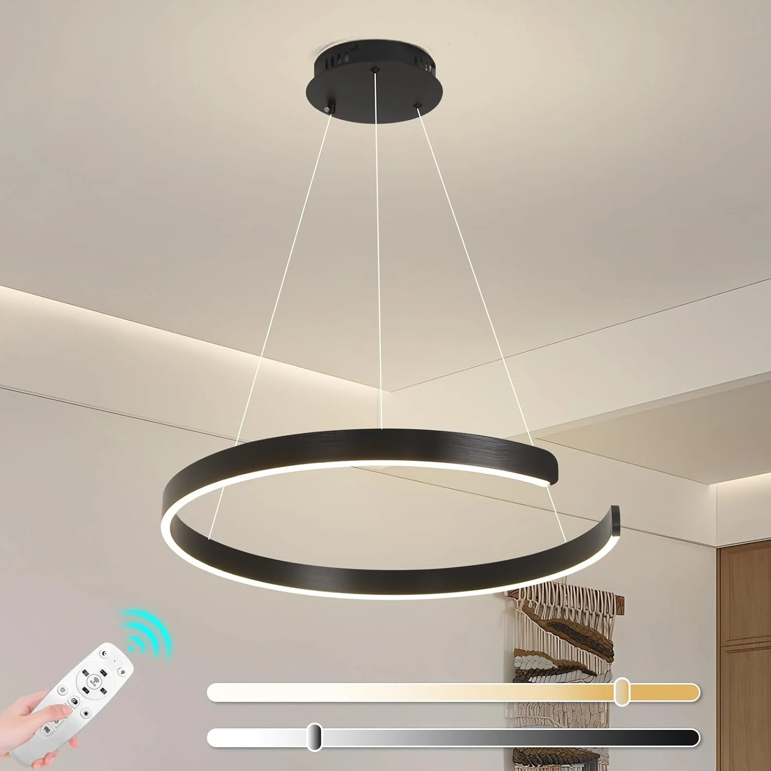 لوستر LED گرد مشکی YATAI، 20 وات، چراغ آویز مدرن قابل تنظیم با کنترل از راه دور، کم نور شونده 3 رنگ (3000K-6000K)، ارتفاع قابل تنظیم برای اتاق ناهار خوری، اتاق خواب، اتاق نشیمن، قطر 60 سانتی متر