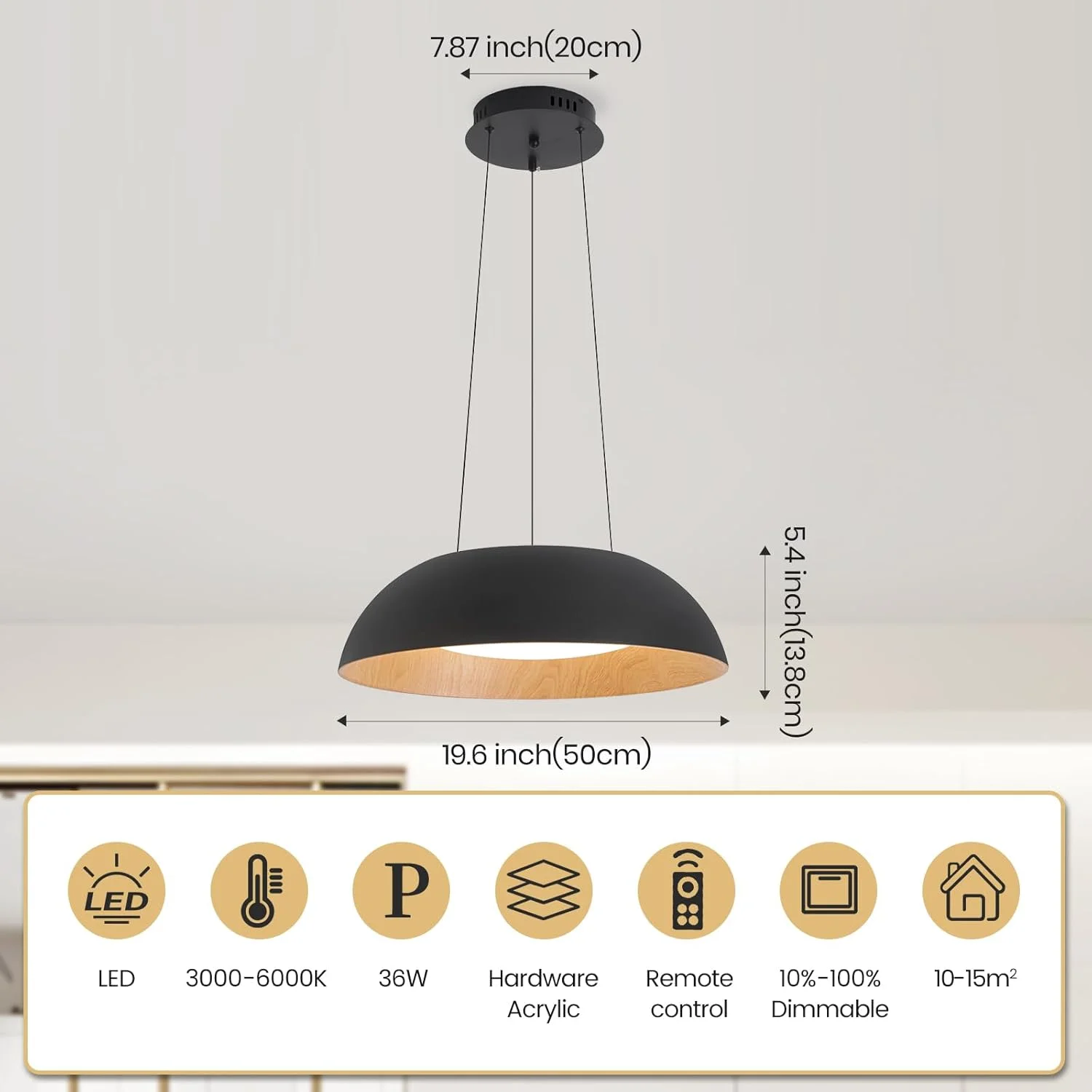 لوستر آویز LED گرد YATAI، نور 36 وات دیمر پذیر با کنترل از راه دور، ارتفاع و رنگ قابل تنظیم (3000K–6000K)، چراغ سقفی مدرن گنبدی مشکی و چوبی برای اتاق ناهارخوری و نشیمن، 50 سانتی متر لوستر آویز LED گرد YATAI، نور 36 وات دیمر پذیر با کنترل از راه دور، ارتفاع و رنگ قابل تنظیم (3000K–6000K)، چراغ سقفی مدرن گنبدی مشکی و چوبی برای اتاق ناهارخوری و نشیمن، 50 سانتی متر