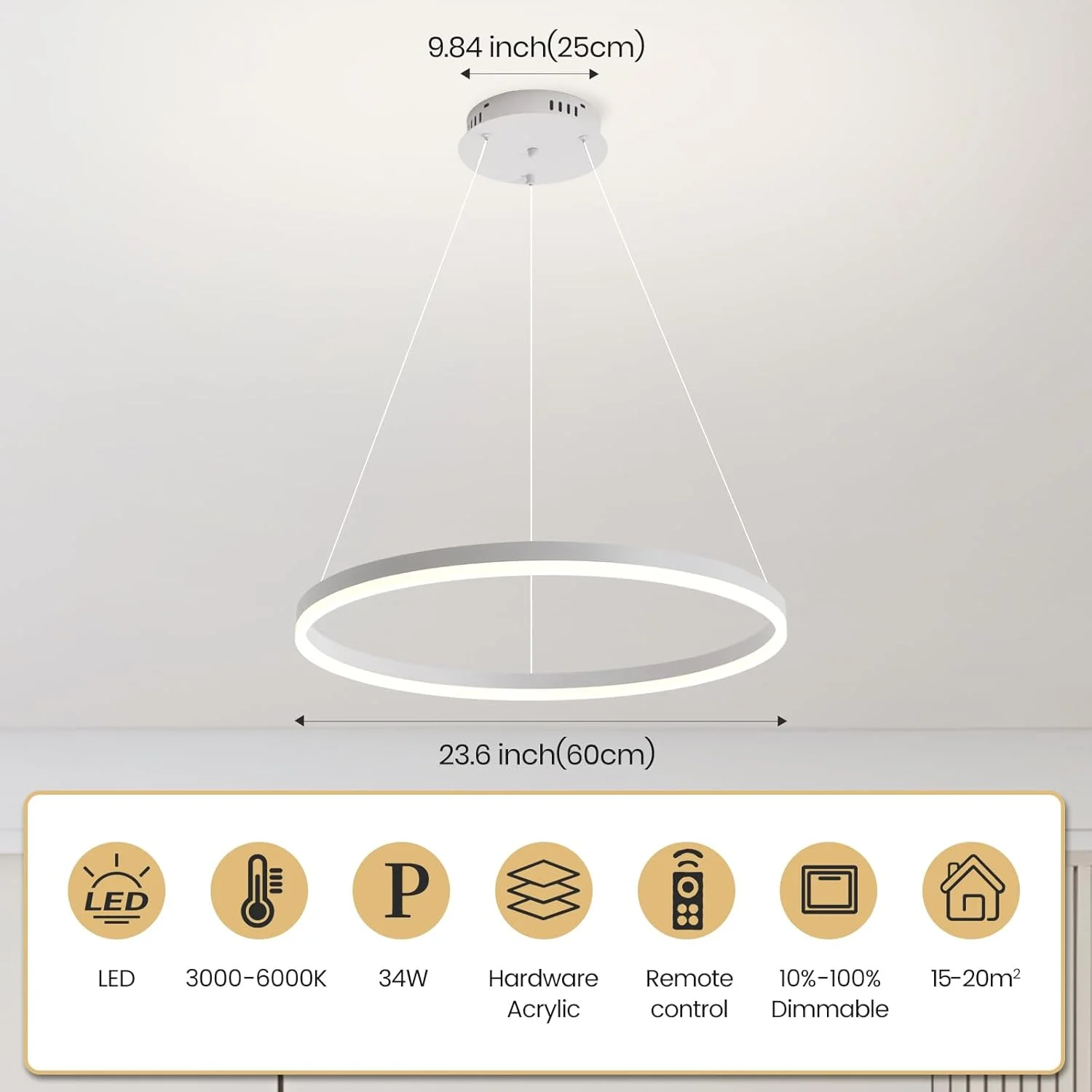 لوستر LED تک حلقه ای سفید YATAI، نور کم نور قابل تنظیم 34 وات، 3000K-6000K، چراغ سقفی مدرن با کنترل از راه دور برای اتاق غذاخوری، اتاق نشیمن، اتاق خواب، 60 سانتی متر لوستر LED تک حلقه ای سفید YATAI، نور کم نور قابل تنظیم 34 وات، 3000K-6000K، چراغ سقفی مدرن با کنترل از راه دور برای اتاق غذاخوری، اتاق نشیمن، اتاق خواب، 60 سانتی متر