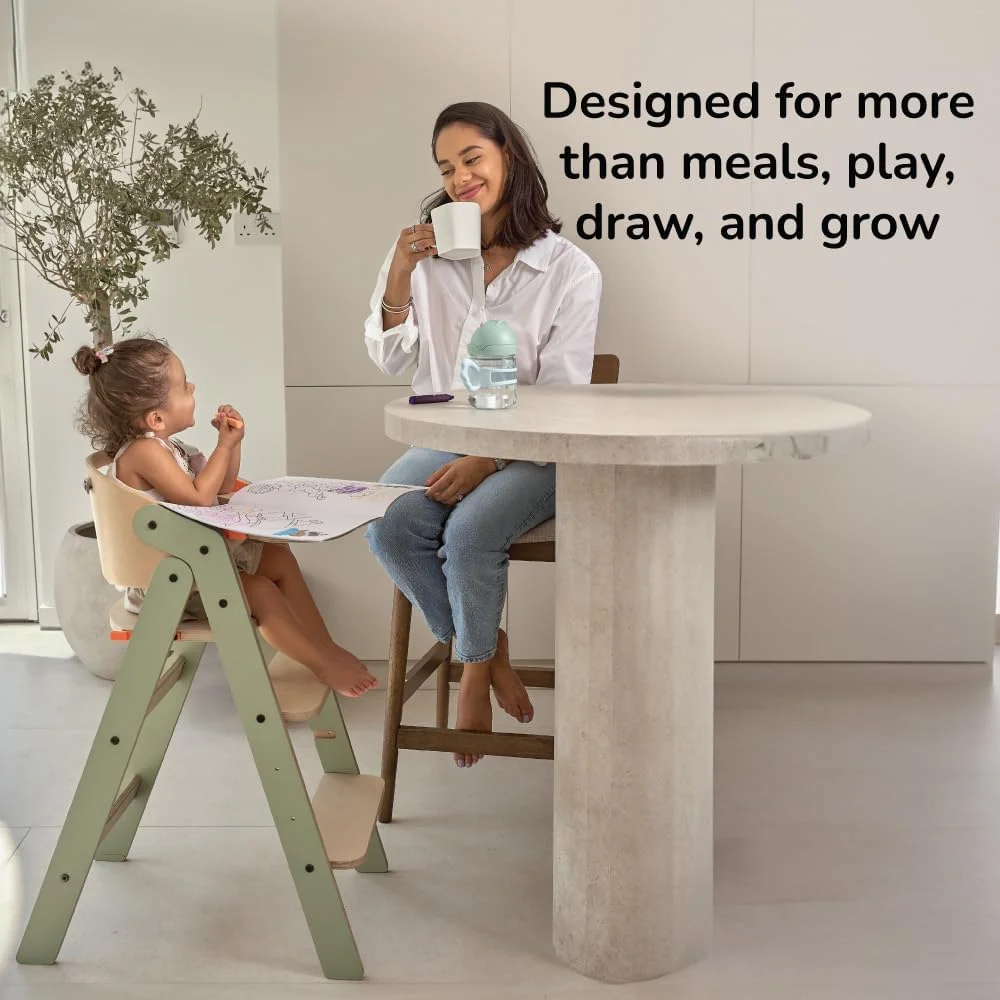 صندلی غذای کودک Bibena Nova، صندلی بلند چوبی مونته سوری، سینی جداشدنی، 3 مرحله، ارتفاع قابل تنظیم در 5 نقطه، تاشو - نعنایی