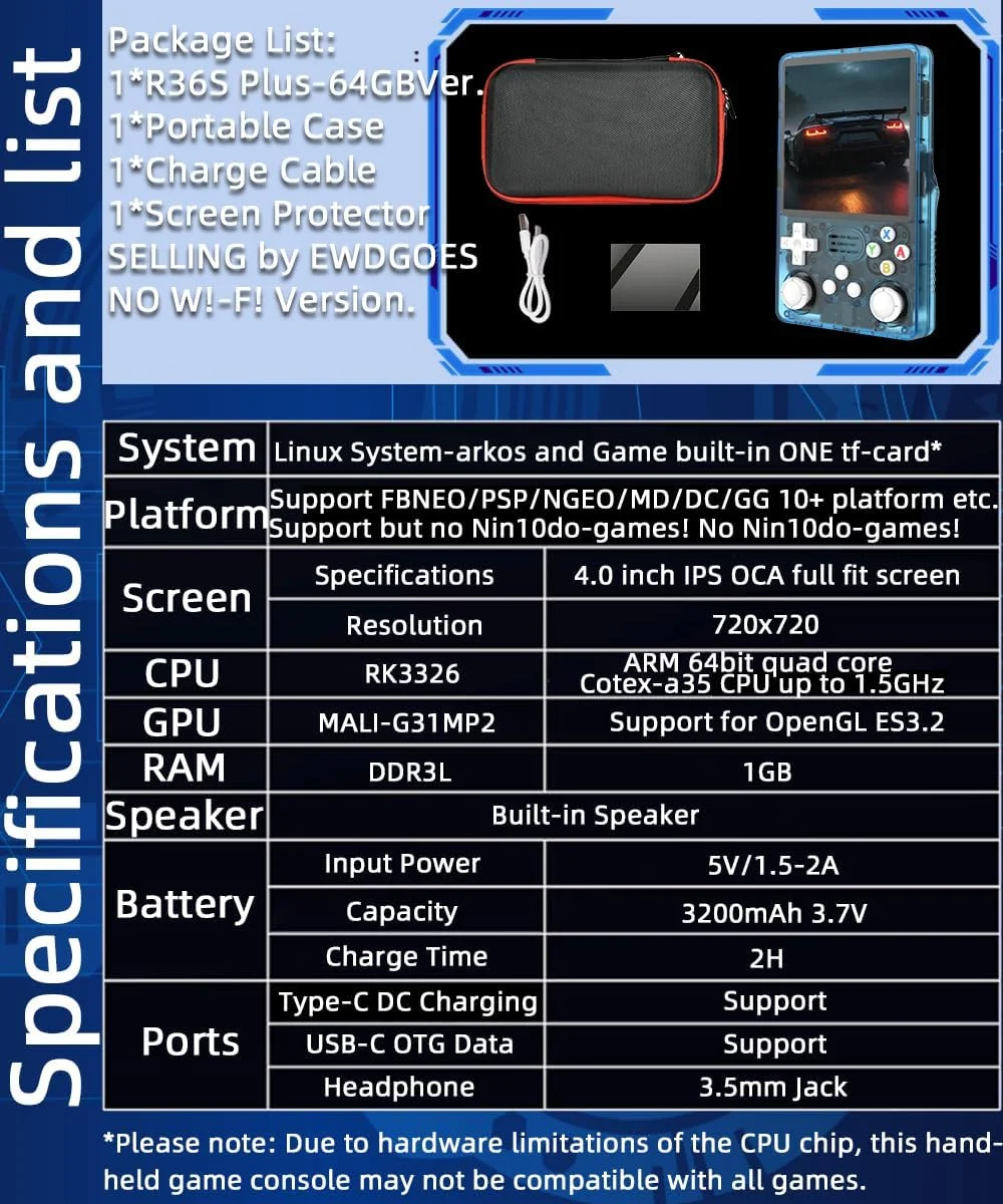 کنسول بازی دستی R36S Plus با صفحه نمایش 4.0 اینچی IPS OCA با رزولوشن 720*720، پردازنده RK3326، باتری 3000mAh مدل r36splus به همراه کیف حمل، رنگ آبی دریاچه ای - نسخه 64 گیگابایتی کنسول بازی دستی R36S Plus با صفحه نمایش 4.0 اینچی IPS OCA با رزولوشن 720*720، پردازنده RK3326، باتری 3000mAh مدل r36splus به همراه کیف حمل، رنگ آبی دریاچه ای - نسخه 64 گیگابایتی