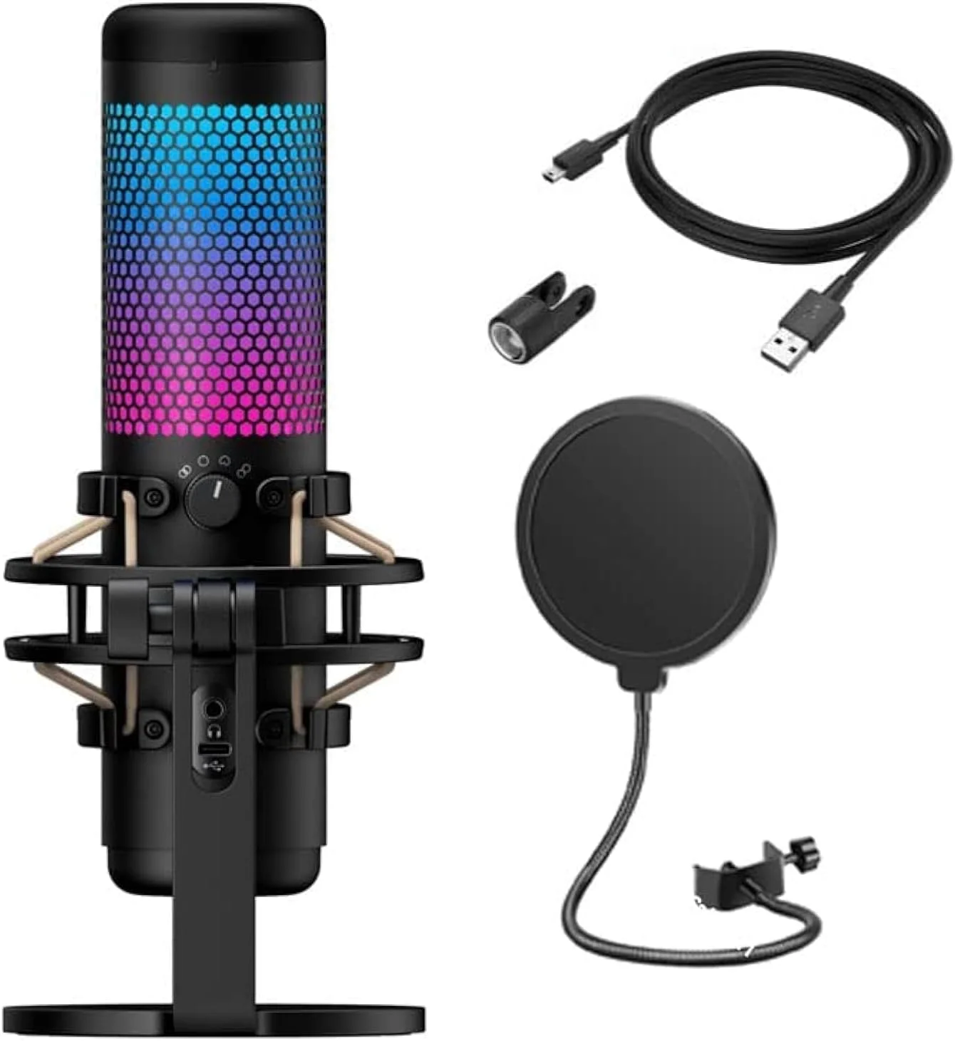میکروفون کاندنسر USB هایپرایکس QuadCast S جدیدترین مدل - RGB برای PC، PS4، Mac، بازی، استریم، پادکست، Twitch، YouTube به همراه پاپ فیلتر GalliumPi