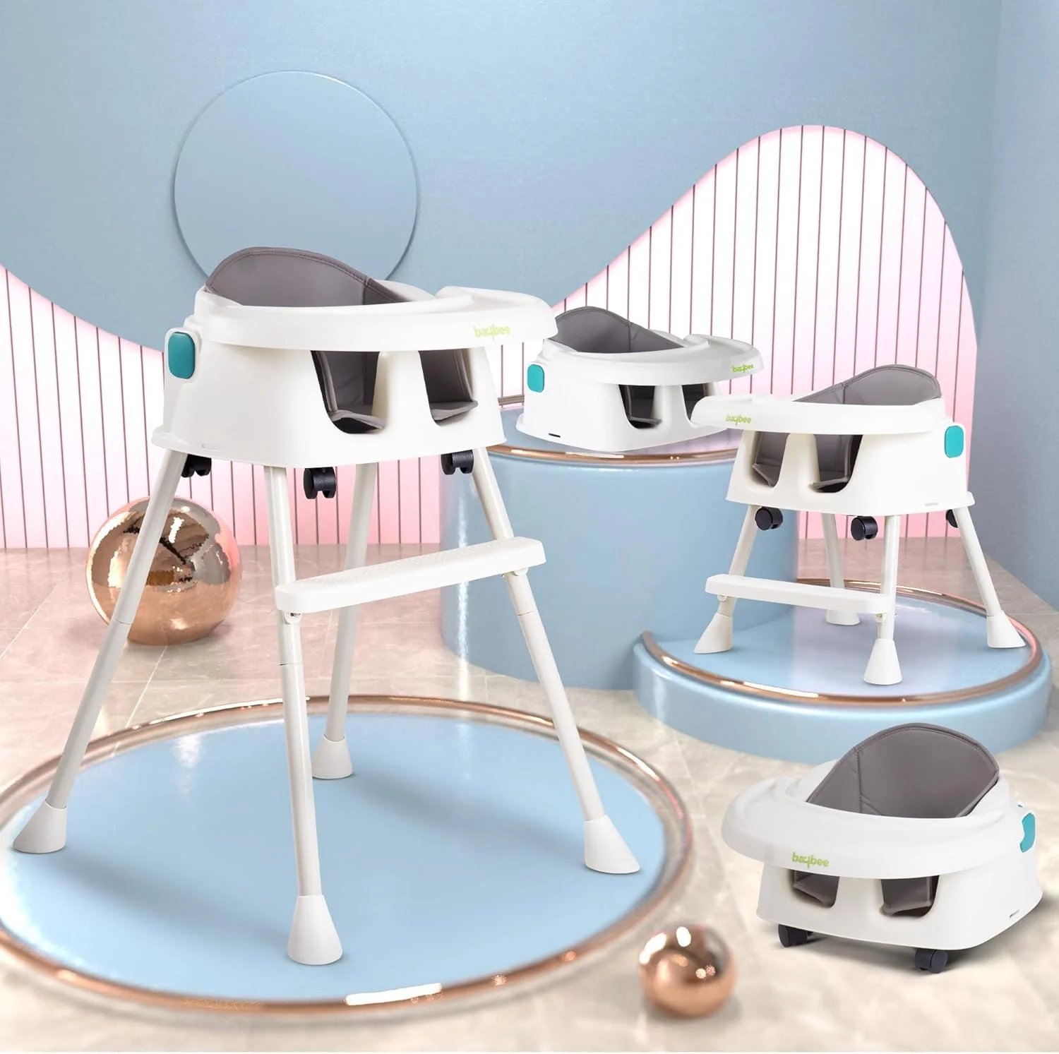 صندلی غذای کودک 4 در 1 تبدیل‌شونده Baybee برای کودکان | صندلی غذاخوری کودک با ارتفاع و زیرپایی قابل تنظیم به همراه سینی غذای جداشدنی، کمربند ایمنی پنج نقطه‌ای برای تغذیه پسران و دختران (سفید)