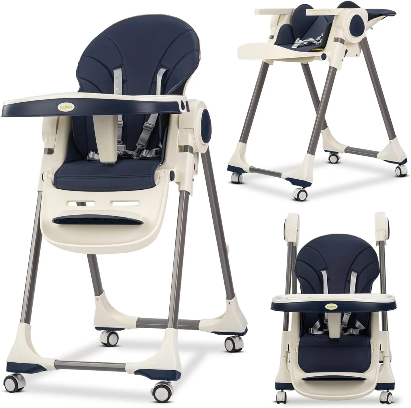 صندلی غذای کودک تبدیل‌شونده 3 در 1 Baybee با ارتفاع و زیرپایی قابل تنظیم، صندلی کمکی تغذیه کودک نوپا با سینی، چرخ، کمربند ایمنی و کوسن برای 6 ماه تا 4 سال (آبی)