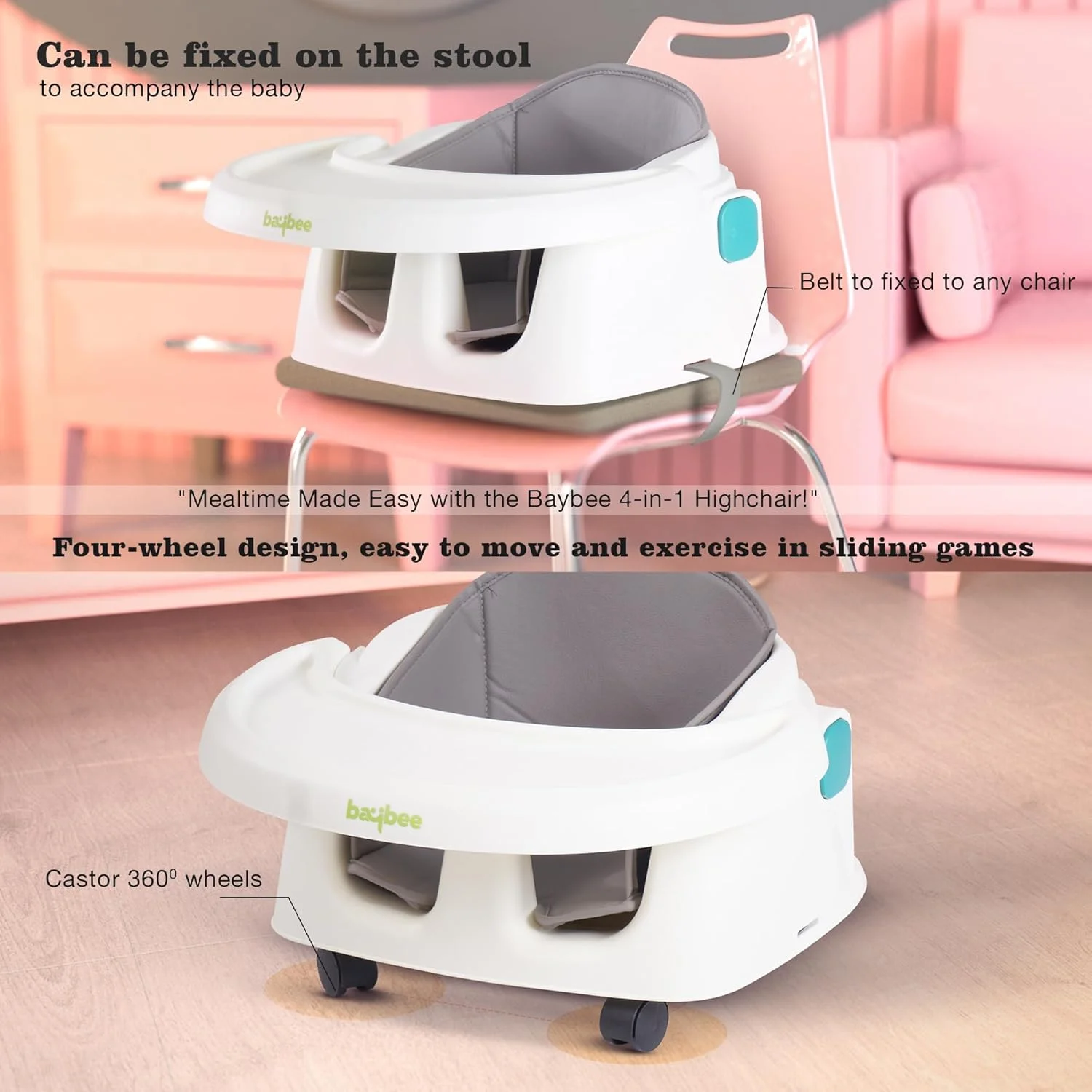 صندلی غذای کودک 4 در 1 تبدیل‌شونده Baybee برای کودکان | صندلی غذاخوری کودک با ارتفاع و زیرپایی قابل تنظیم به همراه سینی غذای جداشدنی، کمربند ایمنی پنج نقطه‌ای برای تغذیه پسران و دختران (سفید)