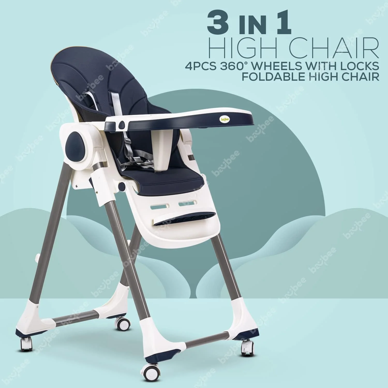 صندلی غذای کودک تبدیل‌شونده 3 در 1 Baybee با ارتفاع و زیرپایی قابل تنظیم، صندلی کمکی تغذیه کودک نوپا با سینی، چرخ، کمربند ایمنی و کوسن برای 6 ماه تا 4 سال (آبی)