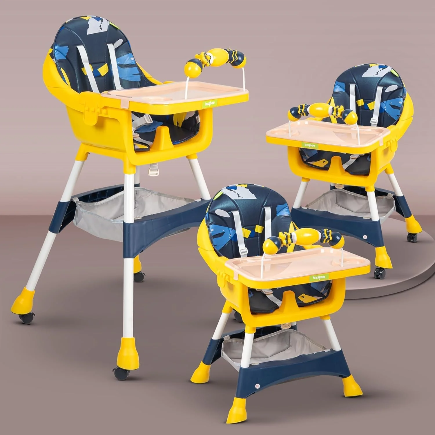 صندلی غذای کودک تاشو Baybee Aurora با قابلیت تنظیم ارتفاع و زیرپایی، صندلی غذاخوری کودک با سینی، چرخ، کمربند ایمنی و کوسن برای کودکان 6 ماهه تا 4 ساله (آبی/زرد)