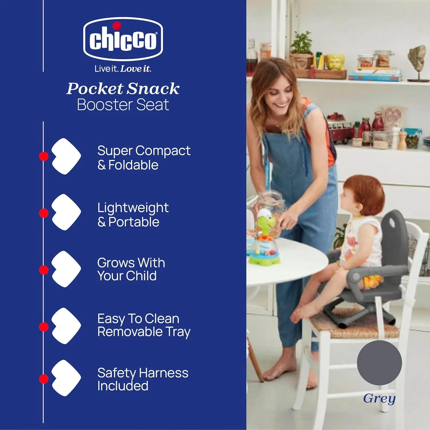 صندلی بوستر چیکو مدل Pocket Snack، خاکستری تیره
