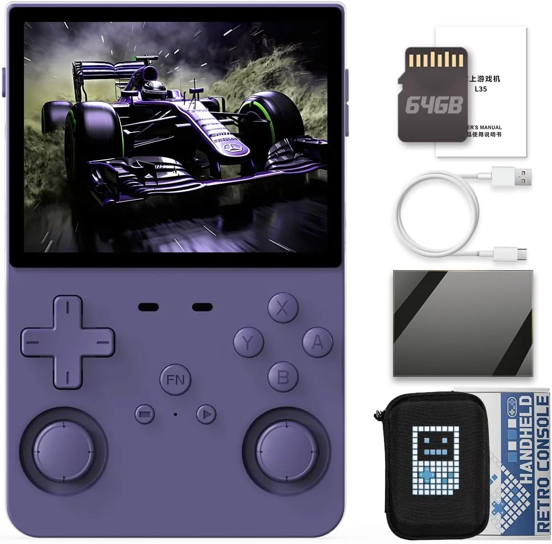 کنسول بازی دستی L35 با صفحه نمایش 3.5 اینچی، باتری 3000mAh، پردازنده RK3326، به همراه کیف حمل بنفش، 64 گیگابایت