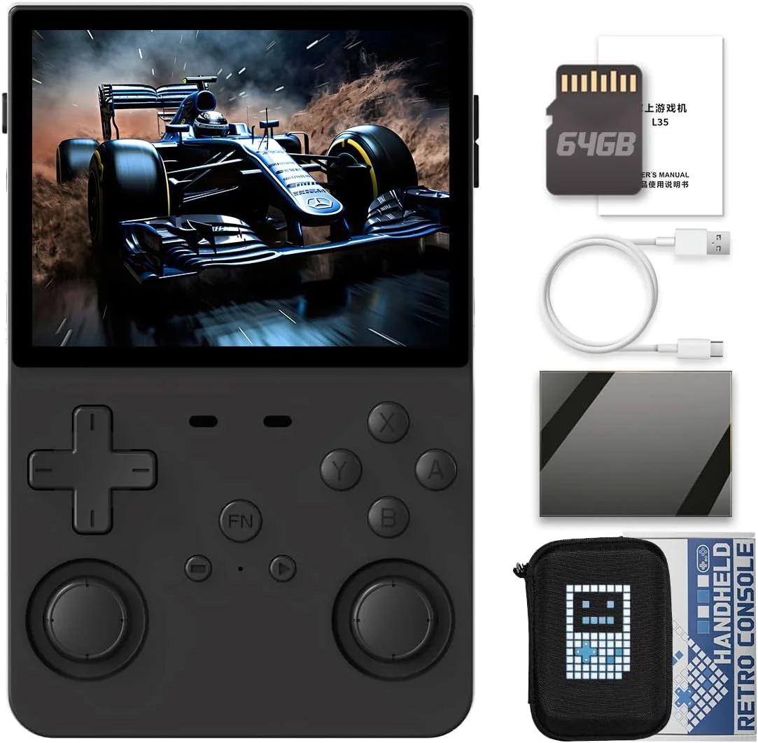کنسول بازی دستی L35 با صفحه نمایش 3.5 اینچی، باتری 3000mAh، پردازنده RK3326 به همراه کیف حمل مشکی و حافظه 64 گیگابایتی