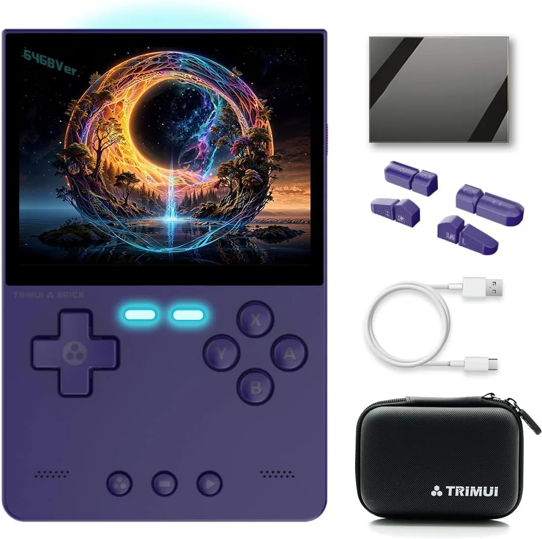 کنسول بازی دستی Trimui Brick با صفحه نمایش 3.2 اینچی IPS با رزولوشن 1024*768، باتری 3000mAh، مدل trimuibrick به همراه کیف قابل حمل و محافظ صفحه نمایش - بنفش