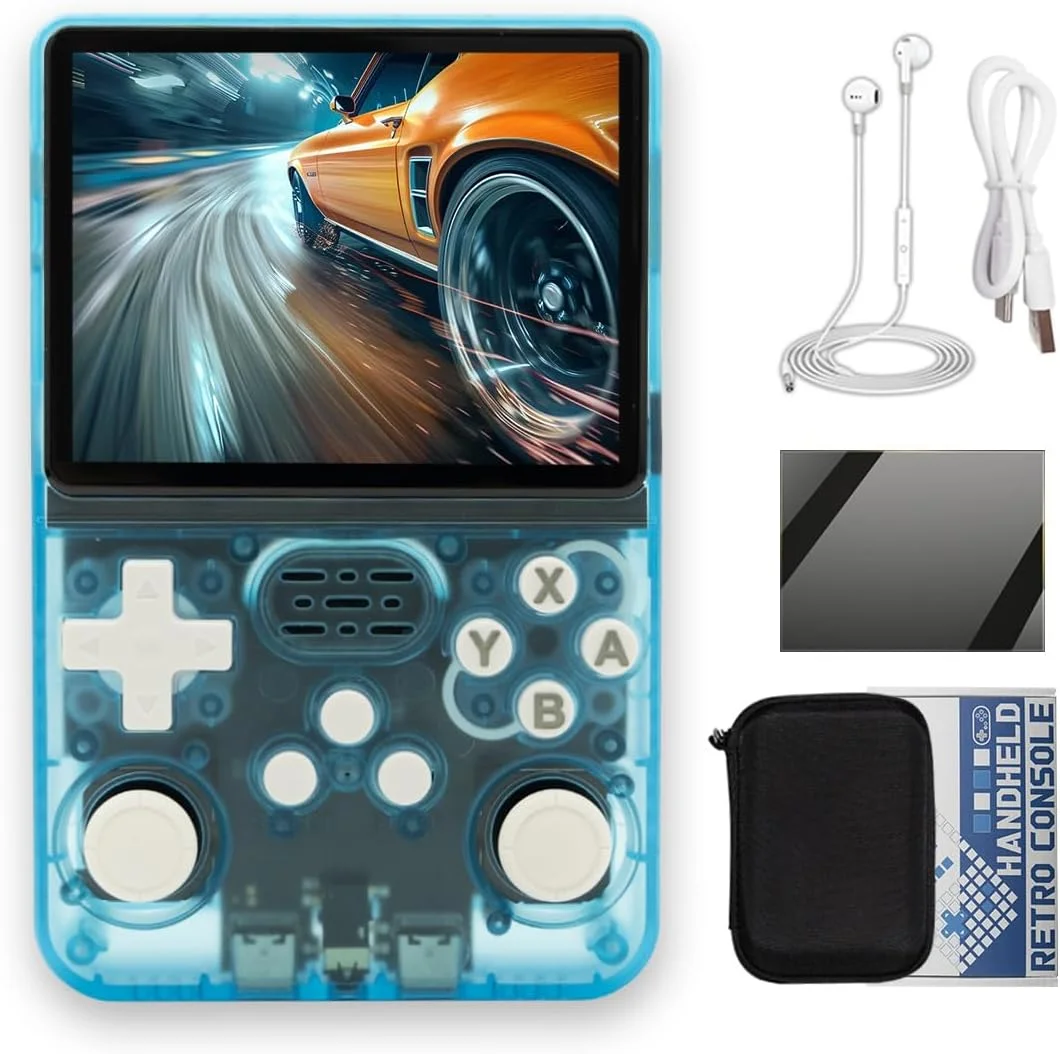 کنسول بازی دستی R36S با صفحه نمایش 3.5 اینچی IPS OCA با رزولوشن 640*480، باتری 3200mAh، سیستم عامل ArkOS و پردازنده RK3326، رنگ آبی شفاف - نسخه 64 گیگابایتی