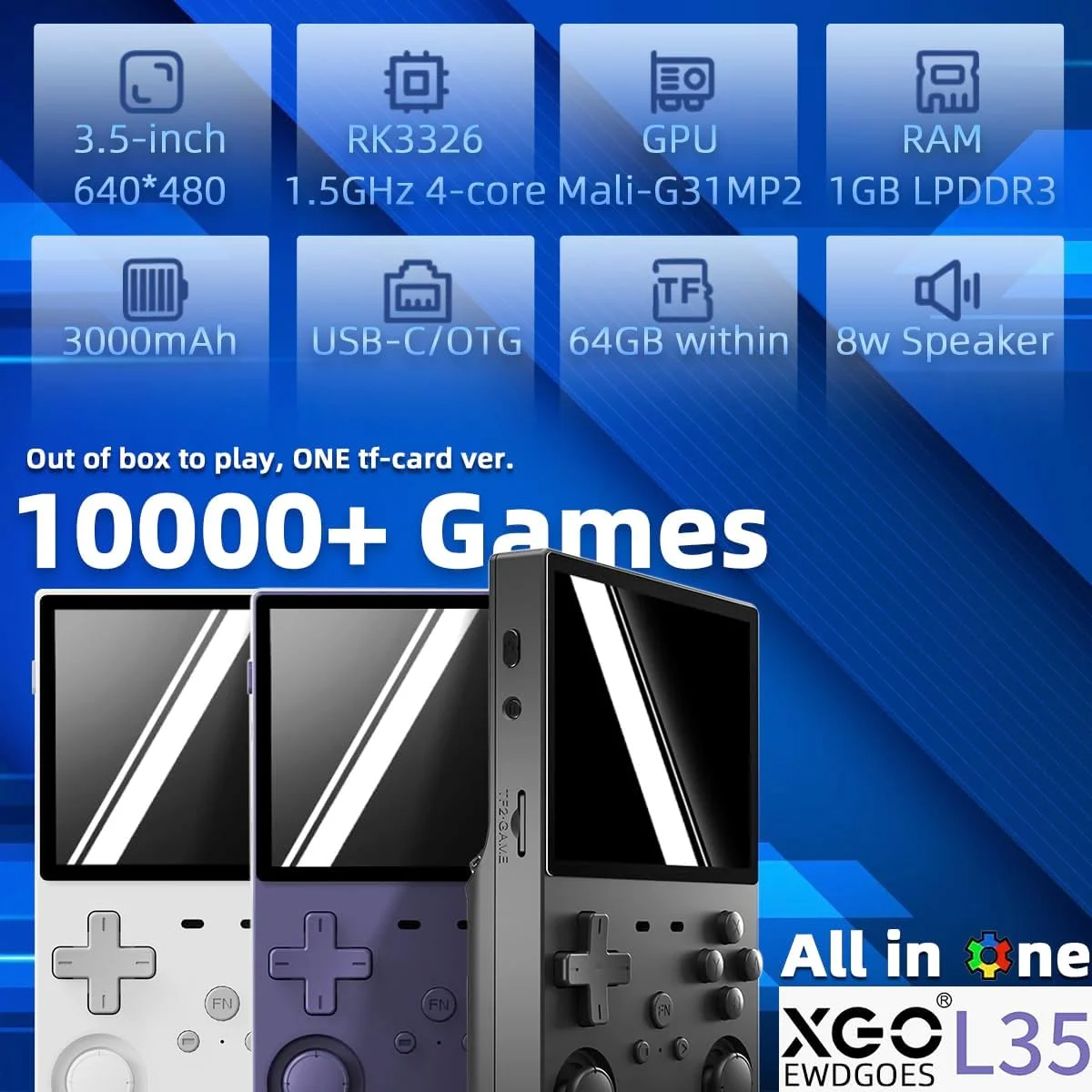 کنسول بازی دستی L35 با صفحه نمایش 3.5 اینچی، باتری 3000mAh، پردازنده RK3326، به همراه کیف حمل بنفش، 64 گیگابایت
