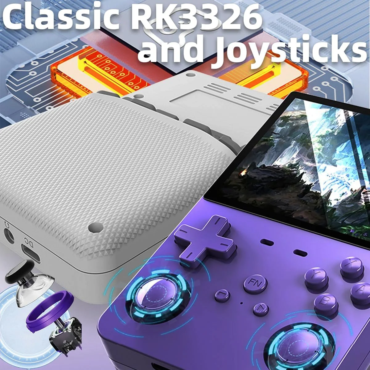 کنسول بازی دستی L35 با صفحه نمایش 3.5 اینچی، باتری 3000mAh، پردازنده RK3326، به همراه کیف حمل بنفش، 64 گیگابایت