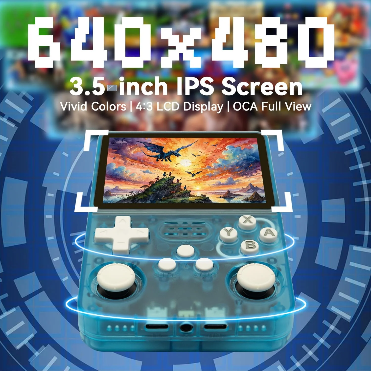 کنسول بازی دستی R36S با صفحه نمایش 3.5 اینچی IPS OCA با رزولوشن 640*480، باتری 3200mAh، سیستم عامل ArkOS و پردازنده RK3326، رنگ آبی شفاف - نسخه 64 گیگابایتی