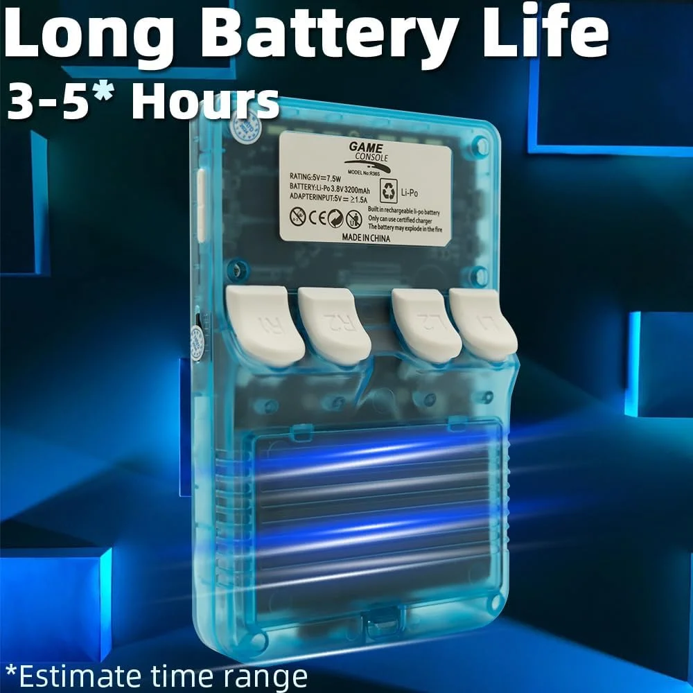کنسول بازی دستی R36S با صفحه نمایش 3.5 اینچی IPS OCA با رزولوشن 640*480، باتری 3200mAh، سیستم عامل ArkOS و پردازنده RK3326، رنگ آبی شفاف - نسخه 64 گیگابایتی
