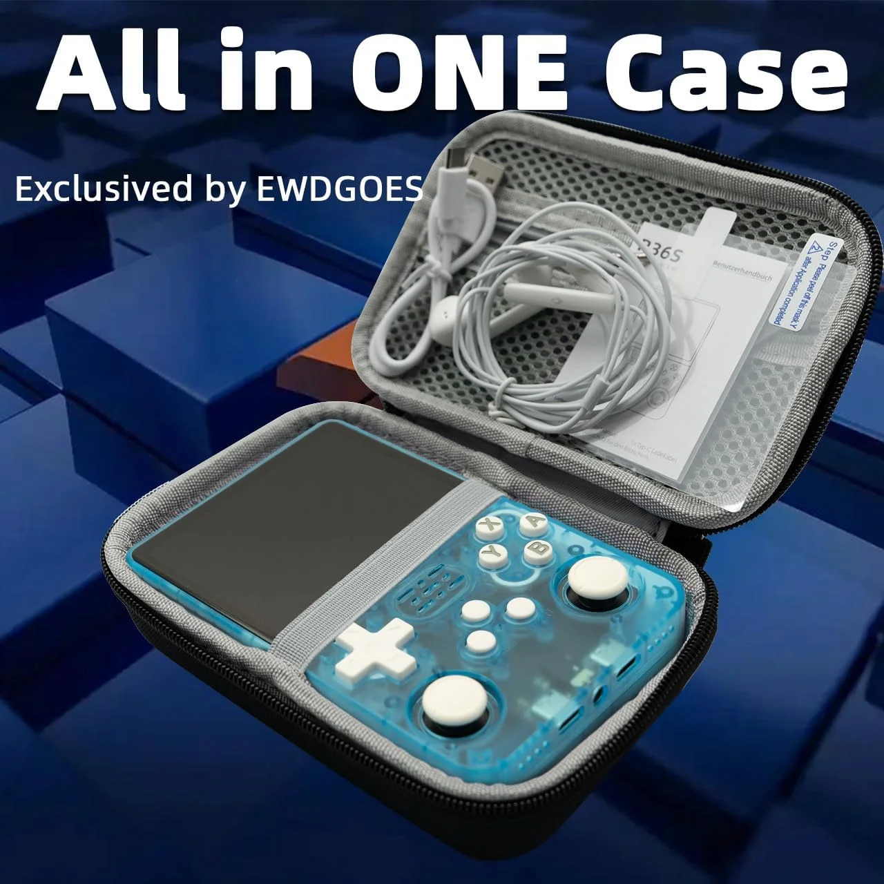 کنسول بازی دستی R36S با صفحه نمایش 3.5 اینچی IPS OCA با رزولوشن 640*480، باتری 3200mAh، سیستم عامل ArkOS و پردازنده RK3326، رنگ آبی شفاف - نسخه 64 گیگابایتی