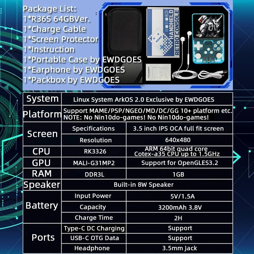 کنسول بازی دستی R36S با صفحه نمایش 3.5 اینچی IPS OCA با رزولوشن 640*480، باتری 3200mAh، سیستم عامل ArkOS و پردازنده RK3326، رنگ آبی شفاف - نسخه 64 گیگابایتی