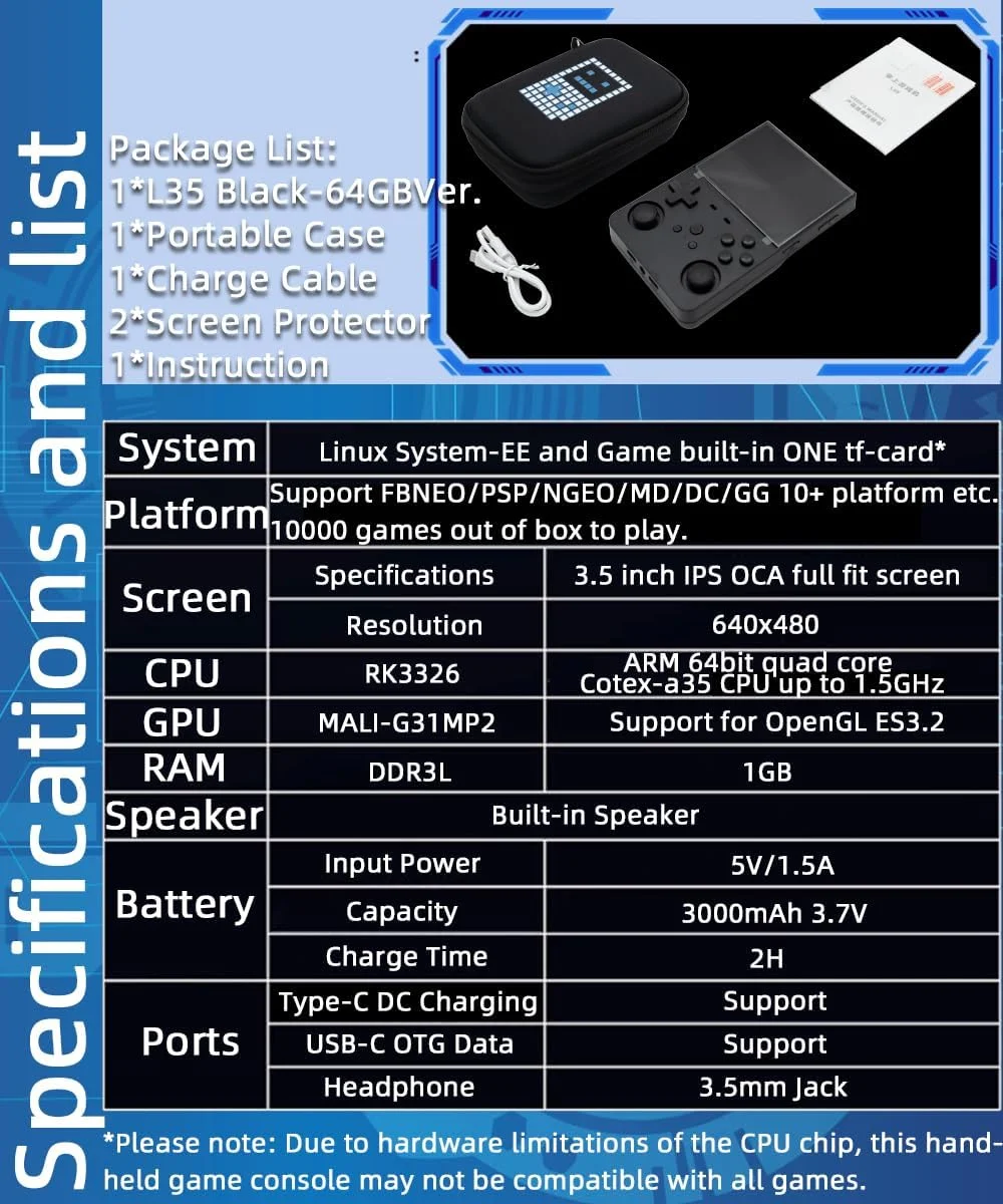 کنسول بازی دستی L35 با صفحه نمایش 3.5 اینچی، باتری 3000mAh، پردازنده RK3326 به همراه کیف حمل مشکی و حافظه 64 گیگابایتی