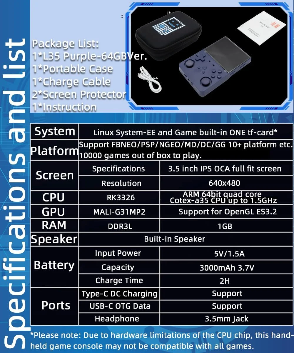 کنسول بازی دستی L35 با صفحه نمایش 3.5 اینچی، باتری 3000mAh، پردازنده RK3326، به همراه کیف حمل بنفش، 64 گیگابایت