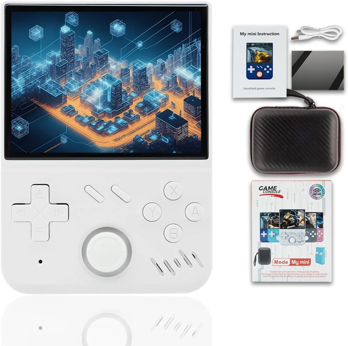 کنسول بازی دستی کوچک من، صفحه نمایش 3.5 اینچی IPS OCA با رزولوشن 640*480، پردازنده RK3326، باتری 4000mAh به همراه کیف حمل، سفید - 64 گیگابایت