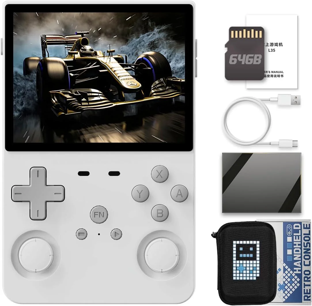 کنسول بازی دستی L35 3.5 اینچی 3000mAh RK3326 با کیف قابل حمل سفید 64 گیگابایت