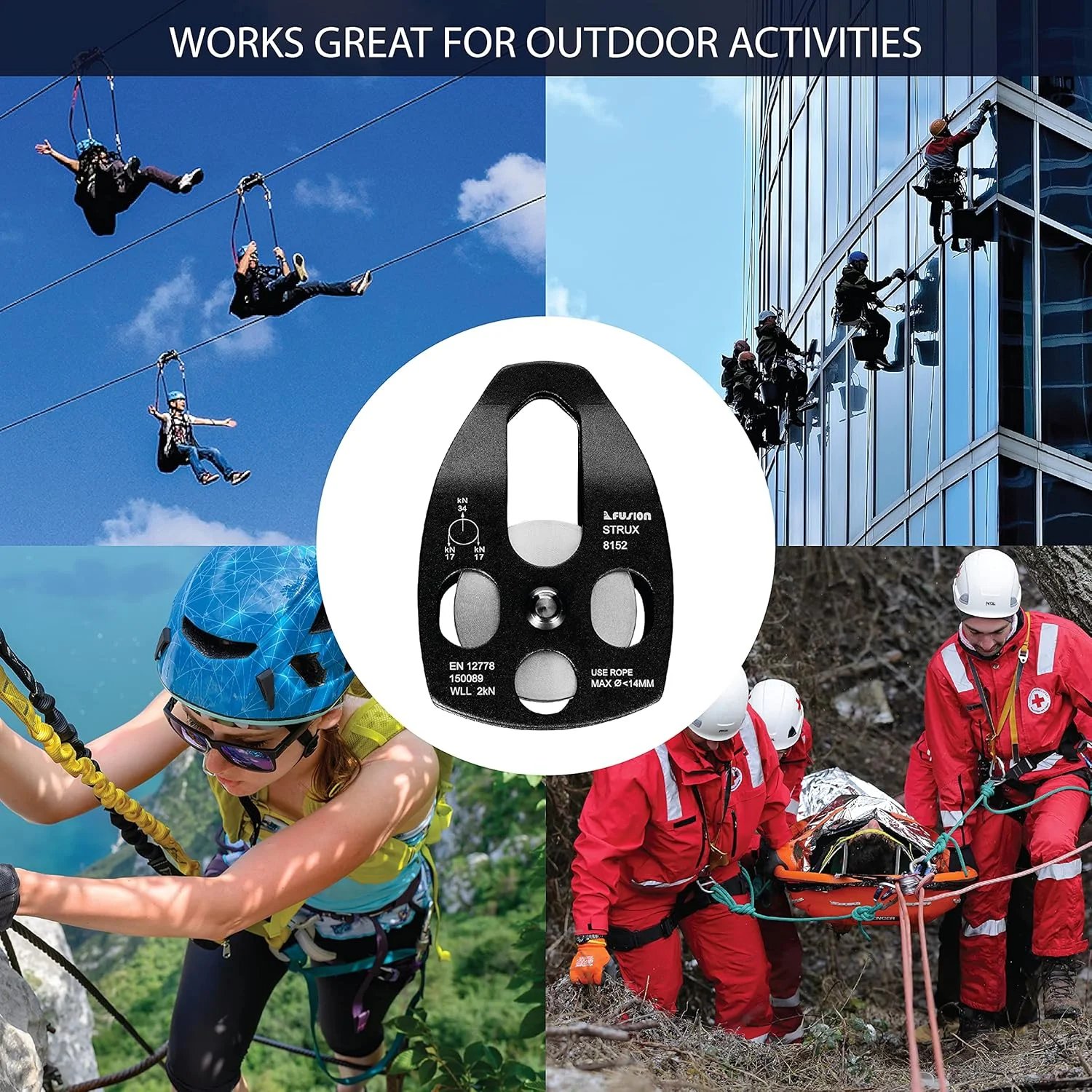 قرقره نجات آلومینیومی فیوژن Climb Strux با چرخش جانبی آبی 34KN