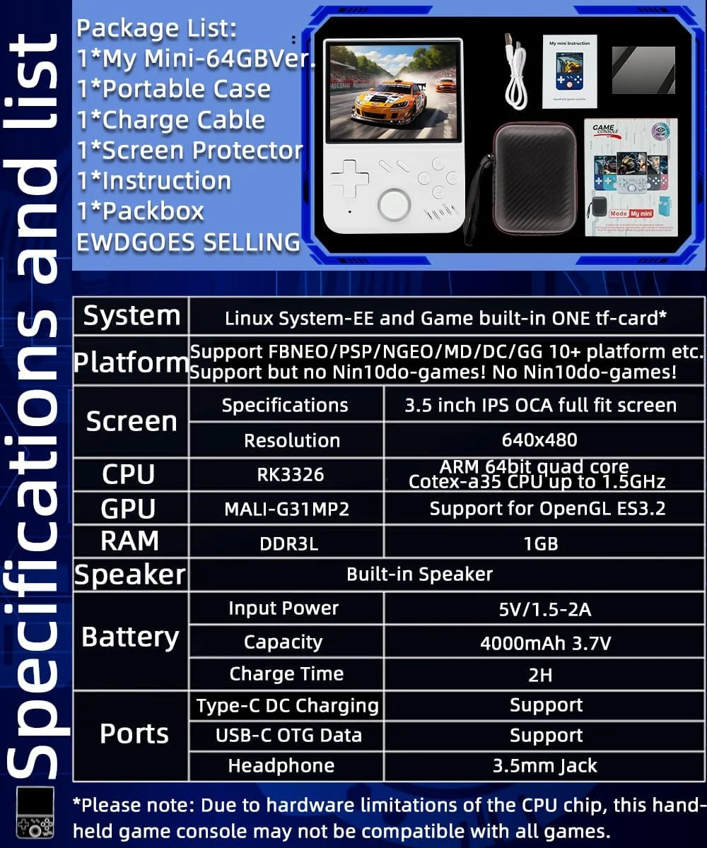 کنسول بازی دستی کوچک من، صفحه نمایش 3.5 اینچی IPS OCA با رزولوشن 640*480، پردازنده RK3326، باتری 4000mAh به همراه کیف حمل، سفید - 64 گیگابایت