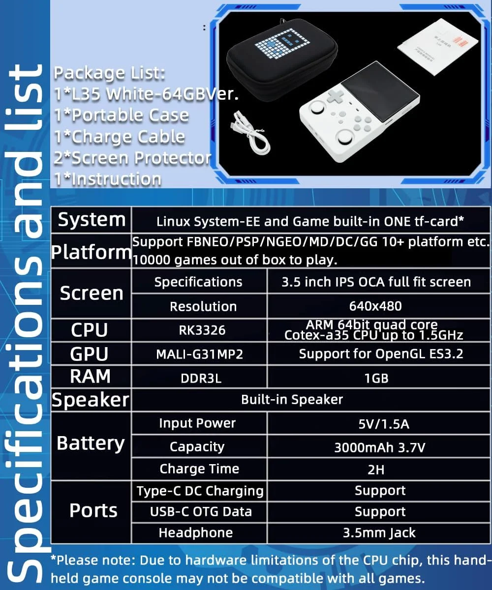 کنسول بازی دستی L35 3.5 اینچی 3000mAh RK3326 با کیف قابل حمل سفید 64 گیگابایت کنسول بازی دستی L35 3.5 اینچی 3000mAh RK3326 با کیف قابل حمل سفید 64 گیگابایت