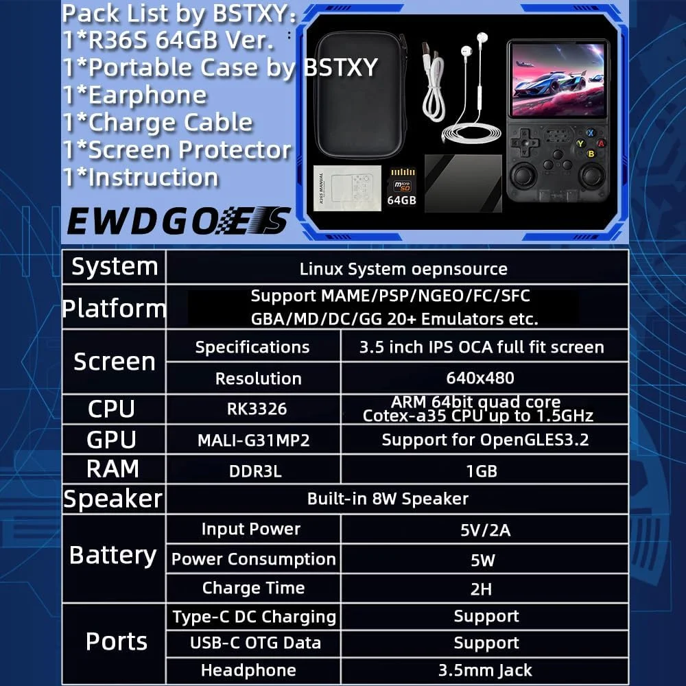 کنسول بازی دستی EWDGOES R36S با صفحه نمایش 3.5 اینچی و سیستم شبیه ساز از پیش نصب شده، مشکی شفاف، 16 گیگابایت + 64 گیگابایت