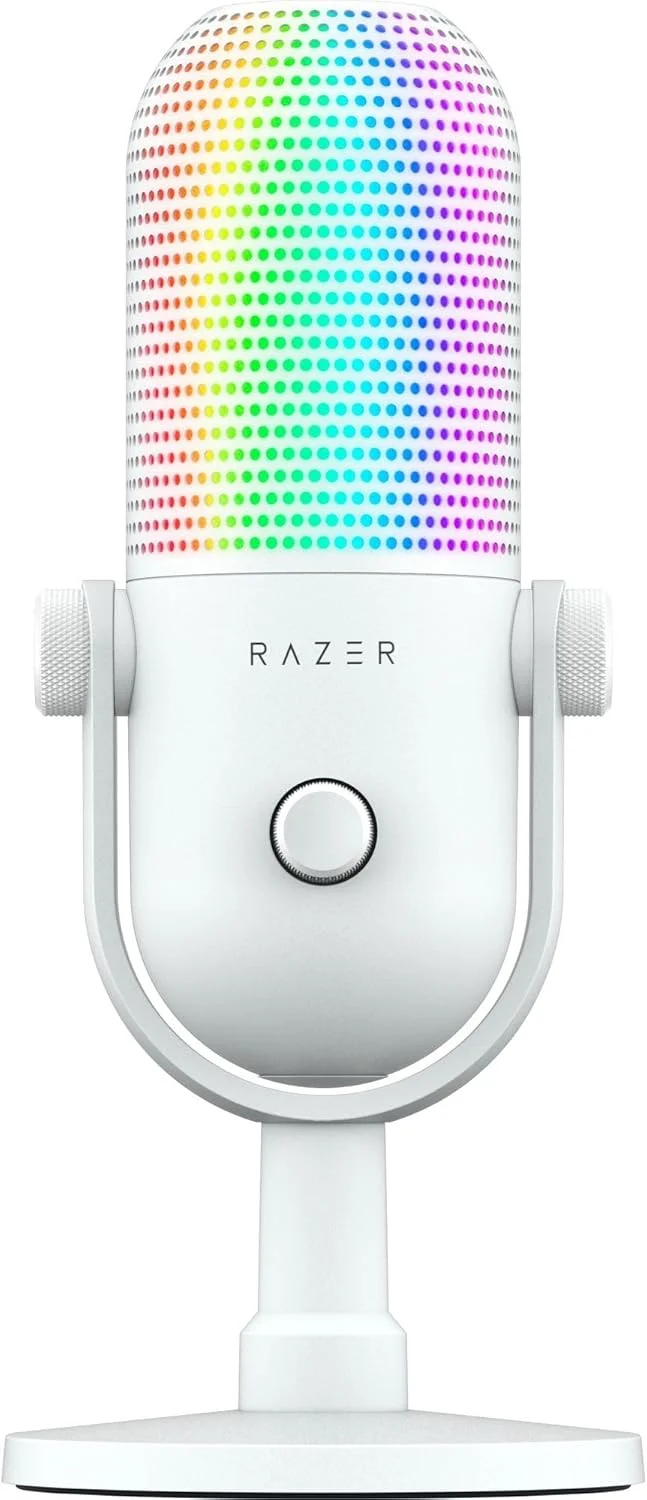 میکروفون USB ریزر Seiren V3 Chroma RGB: نورپردازی واکنش‌گرا به استریم و بازی - حسگر بی‌صدا کردن با لمس - میکروفون کندانسور - محدود کننده بهره دیجیتال و جاذب شوک - PC، Discord، OBS Studio، XSplit - سفید