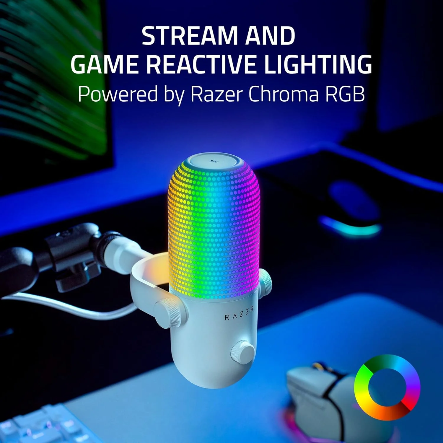میکروفون USB ریزر Seiren V3 Chroma RGB: نورپردازی واکنشگرا به استریم و بازی - حسگر بیصدا کردن با لمس - میکروفون کندانسور - محدود کننده بهره دیجیتال و جاذب شوک - PC، Discord، OBS Studio، XSplit - سفید میکروفون USB ریزر Seiren V3 Chroma RGB: نورپردازی واکنشگرا به استریم و بازی - حسگر بیصدا کردن با لمس - میکروفون کندانسور - محدود کننده بهره دیجیتال و جاذب شوک - PC، Discord، OBS Studio، XSplit - سفید