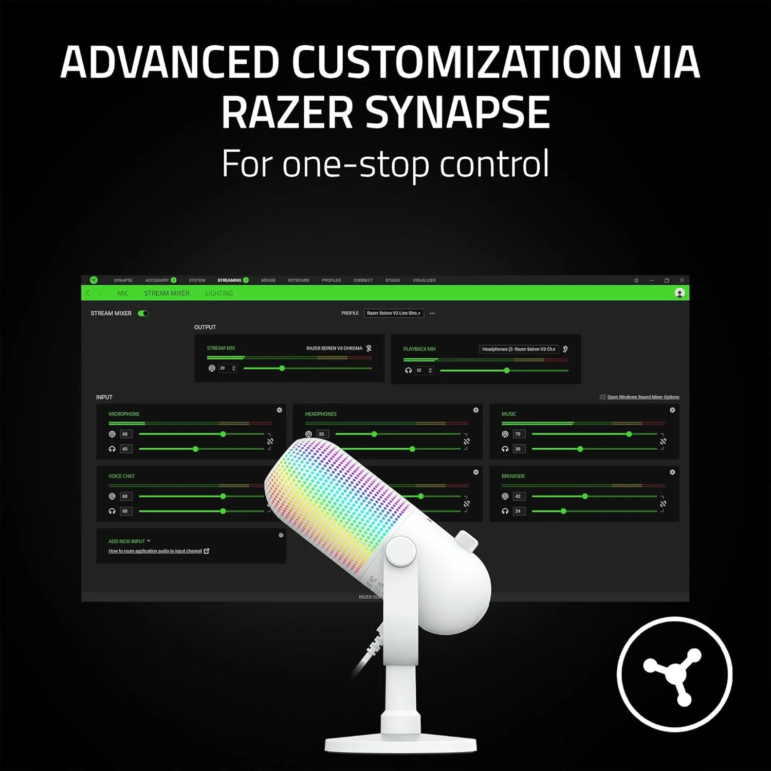 میکروفون USB ریزر Seiren V3 Chroma RGB: نورپردازی واکنشگرا به استریم و بازی - حسگر بیصدا کردن با لمس - میکروفون کندانسور - محدود کننده بهره دیجیتال و جاذب شوک - PC، Discord، OBS Studio، XSplit - سفید میکروفون USB ریزر Seiren V3 Chroma RGB: نورپردازی واکنشگرا به استریم و بازی - حسگر بیصدا کردن با لمس - میکروفون کندانسور - محدود کننده بهره دیجیتال و جاذب شوک - PC، Discord، OBS Studio، XSplit - سفید