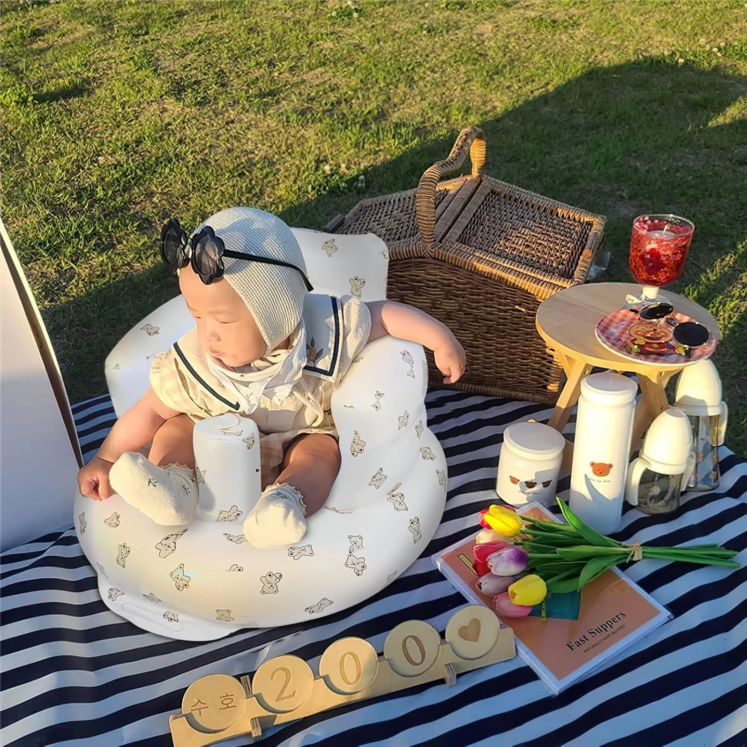 صندلی بادی کودک EKEPE مناسب برای نوزادان 3 ماهه و بالاتر، صندلی های کف کودک برای نشستن، صندلی کودک برای نوزادان، صندلی بادی کودک با پمپ هوای داخلی - طرح خرس