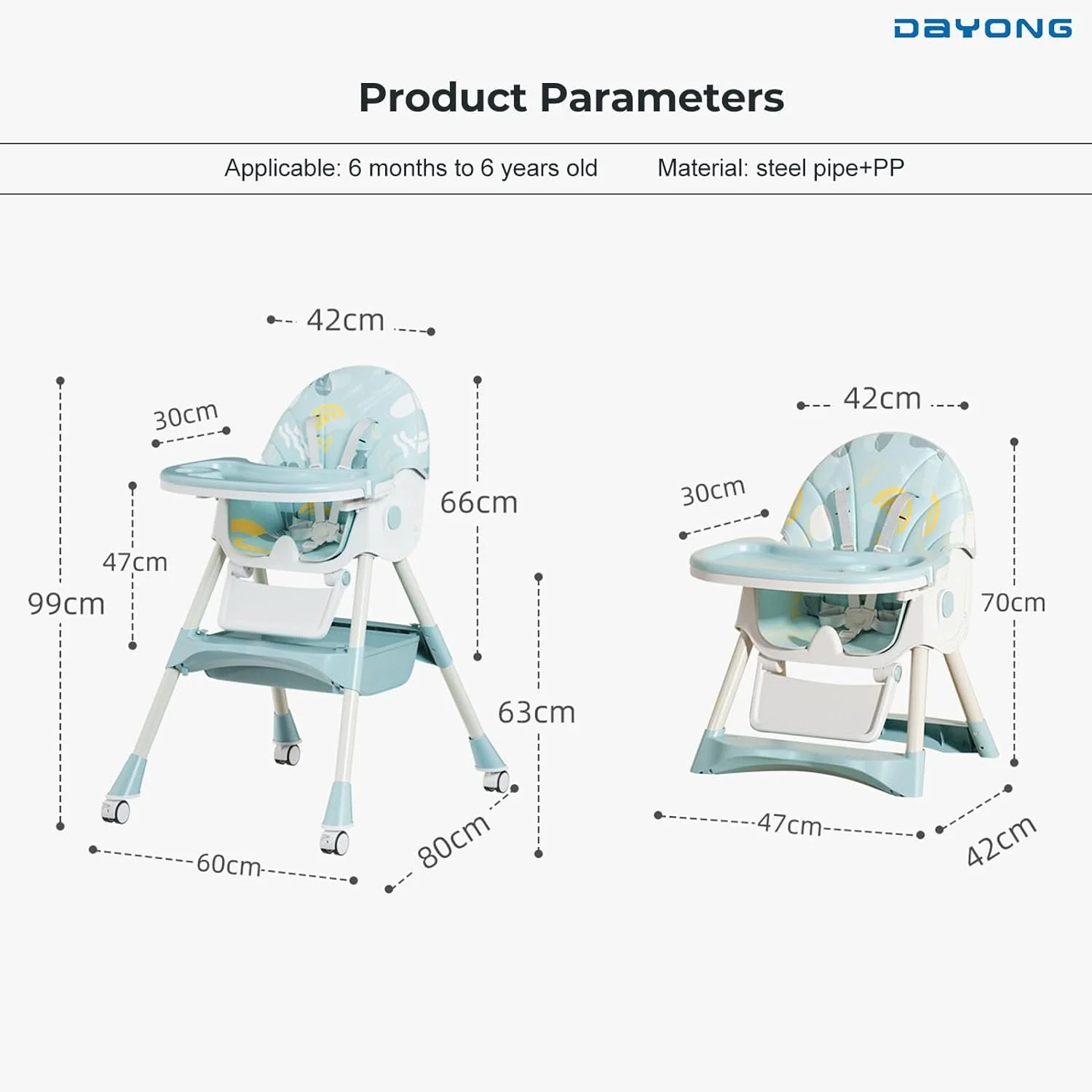 صندلی غذای کودک DAYONG، صندلی غذای تاشو 6 در 1 برای نوزادان و کودکان نوپا، صندلی تقویت کننده غذای کودک قابل حمل، مناسب برای 6 ماه تا 6 سال (آبی)