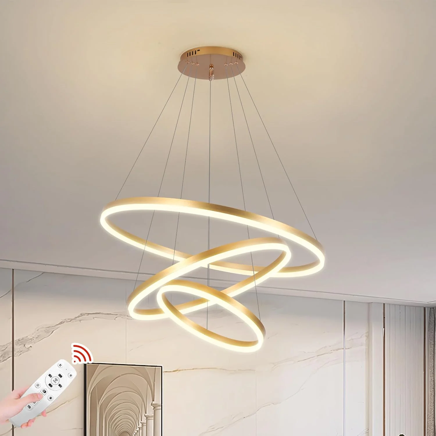لوسترهای حلقه‌ای LED مدرن YT YATAI LIGHTING برای اتاق نشیمن، اتاق خواب و اتاق غذاخوری، لوستر گرد با کنترل از راه دور، نور قابل تنظیم، ارتفاع قابل تنظیم و 3 دمای رنگ